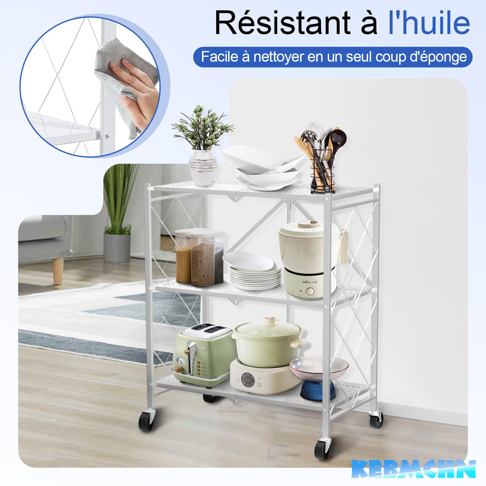 Étagère de Rangement 3 Étage Métallique Pliable avec roulettes, Tablette Autoportante, Chariot de Stockage Pliable 71,5 x 36,5 x 87 cm pour Cuisine, Bureau ou Buanderie (Blanc)