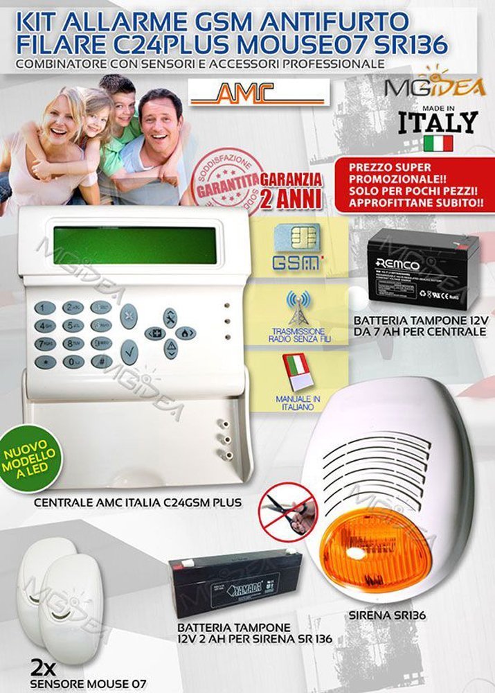 KIT ANTIFURTO ALLARME GSM AMC ITALIA C24 PLUS CASA NEGOZIO CAPANNONE SIRENA ESTERNA SENSORE COMBINATORE VERS. COMPLETA BATTERIE INCLUSE!!