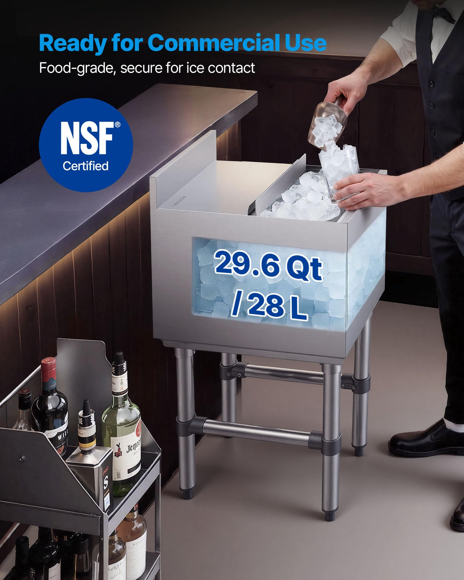 VEVOR Bac à glace commercial de 48,3 cm en acier inoxydable avec couvercle coulissant et porte-bouteille, chariot à cocktails pour bar, restaurant, pub, certifié NSF
