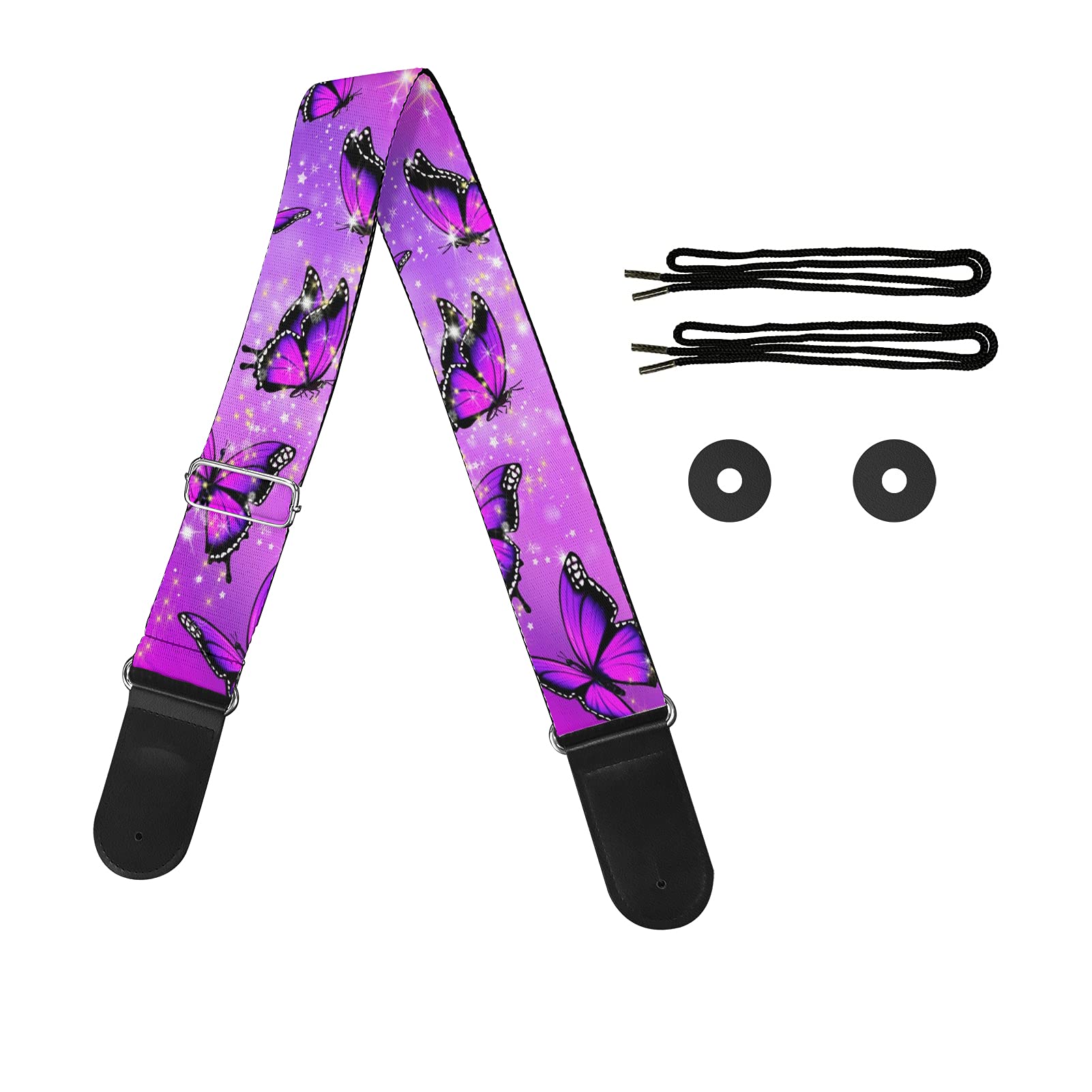 Jeiento Pink Butterfly Print Guitar Strap Shoulder Pad PU Leather and Polyester Material Suitable for Electric Bass and Guitar