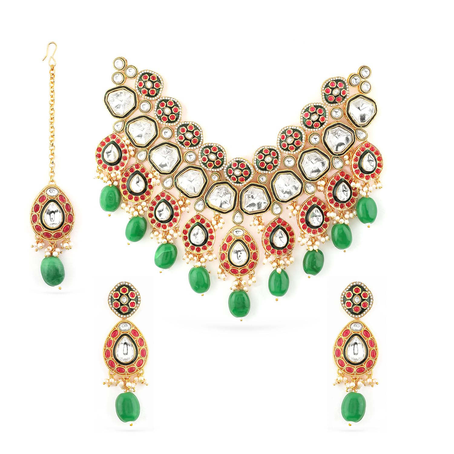 Rubans Kundan placcato oro & rubino, pietra verde tempestata e perline collana da sposa set