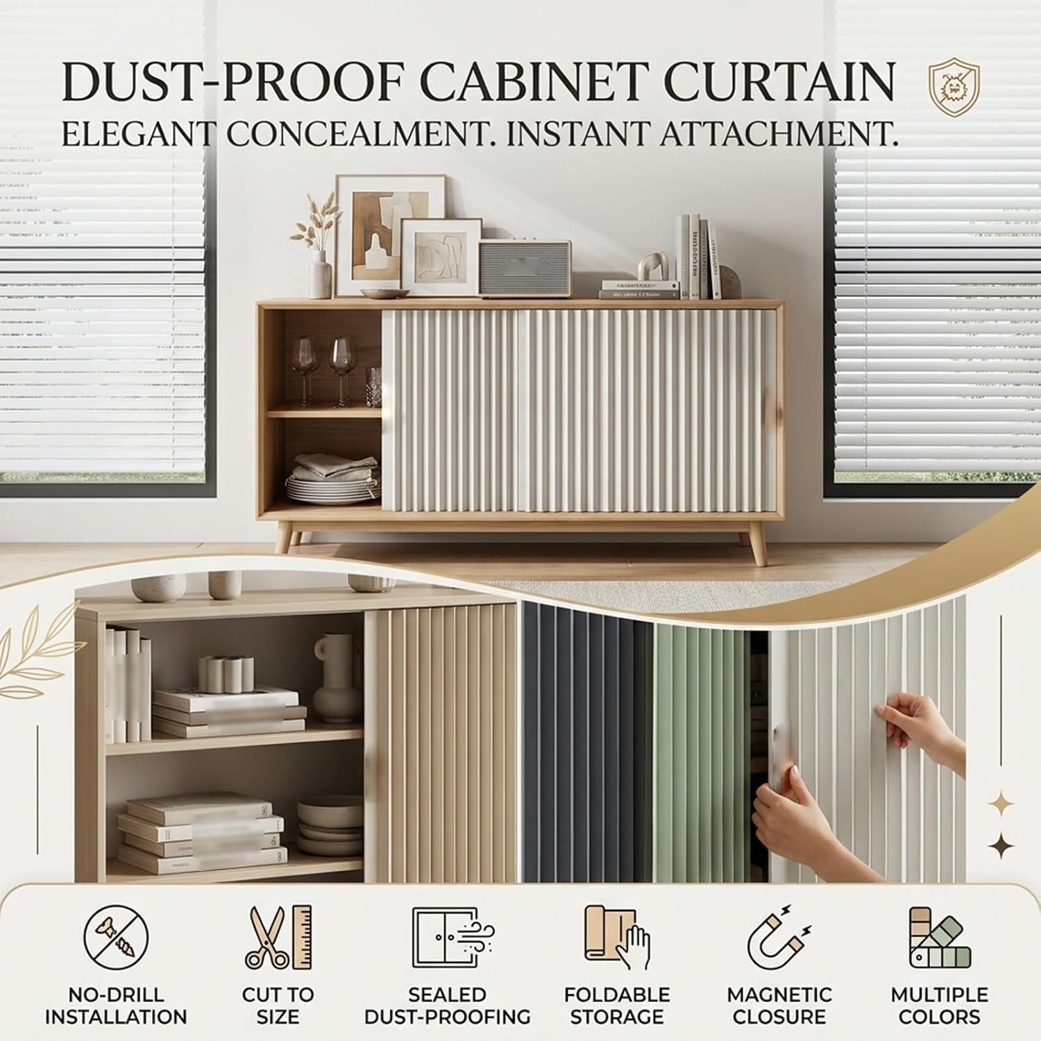 No-Drill Honeycomb Folding Privacy Curtain for Closet, Magnetic Cabinet Curtain, Creamy Beige Vertical Texture Under Sink Skirt for Kitchen, Bedroom & Bookshelf(Green,90x35cm/35.4x13.8)