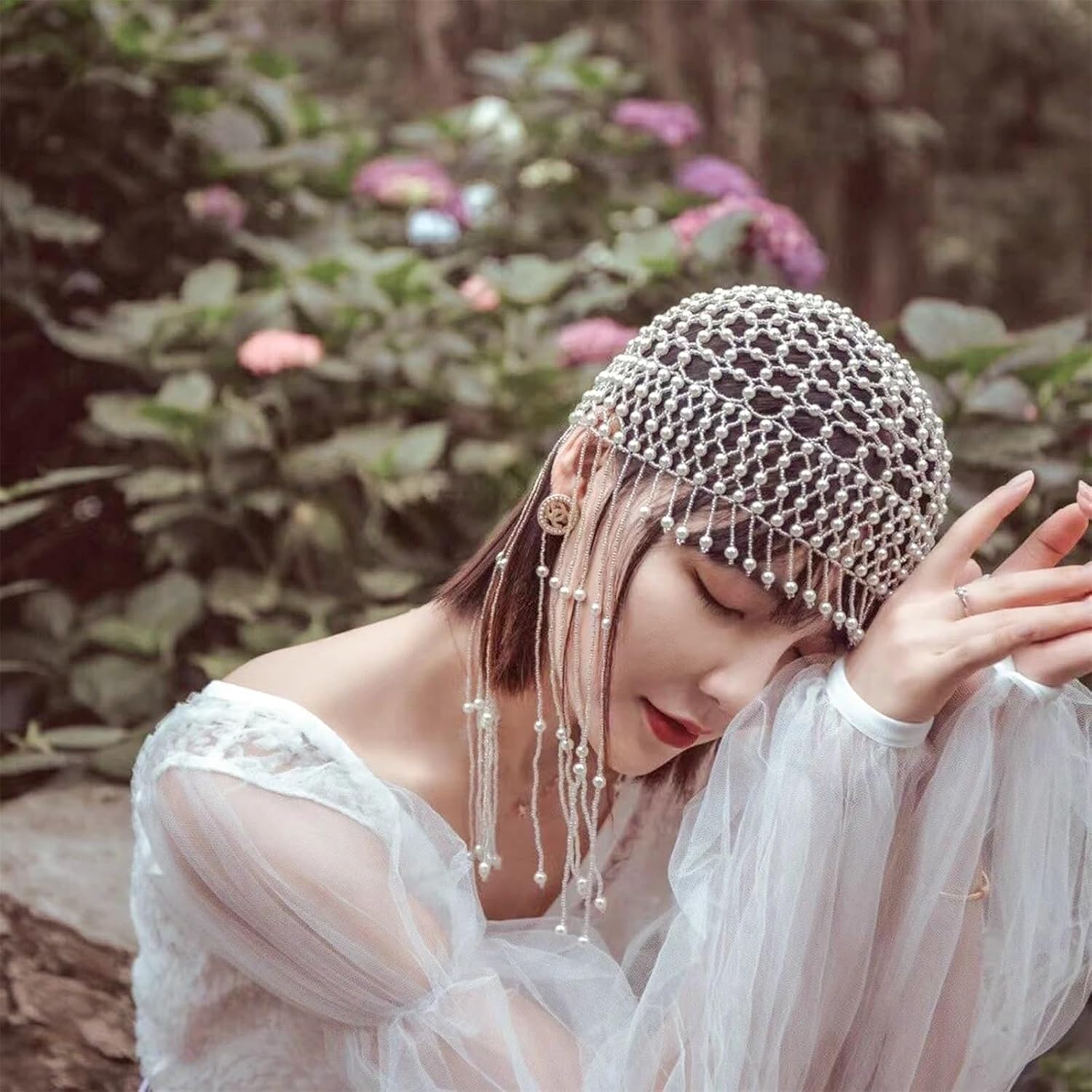 Pearl Tassel Headdress Silver Beaded Chain Hair Accessory Women Beaded Chain for Party