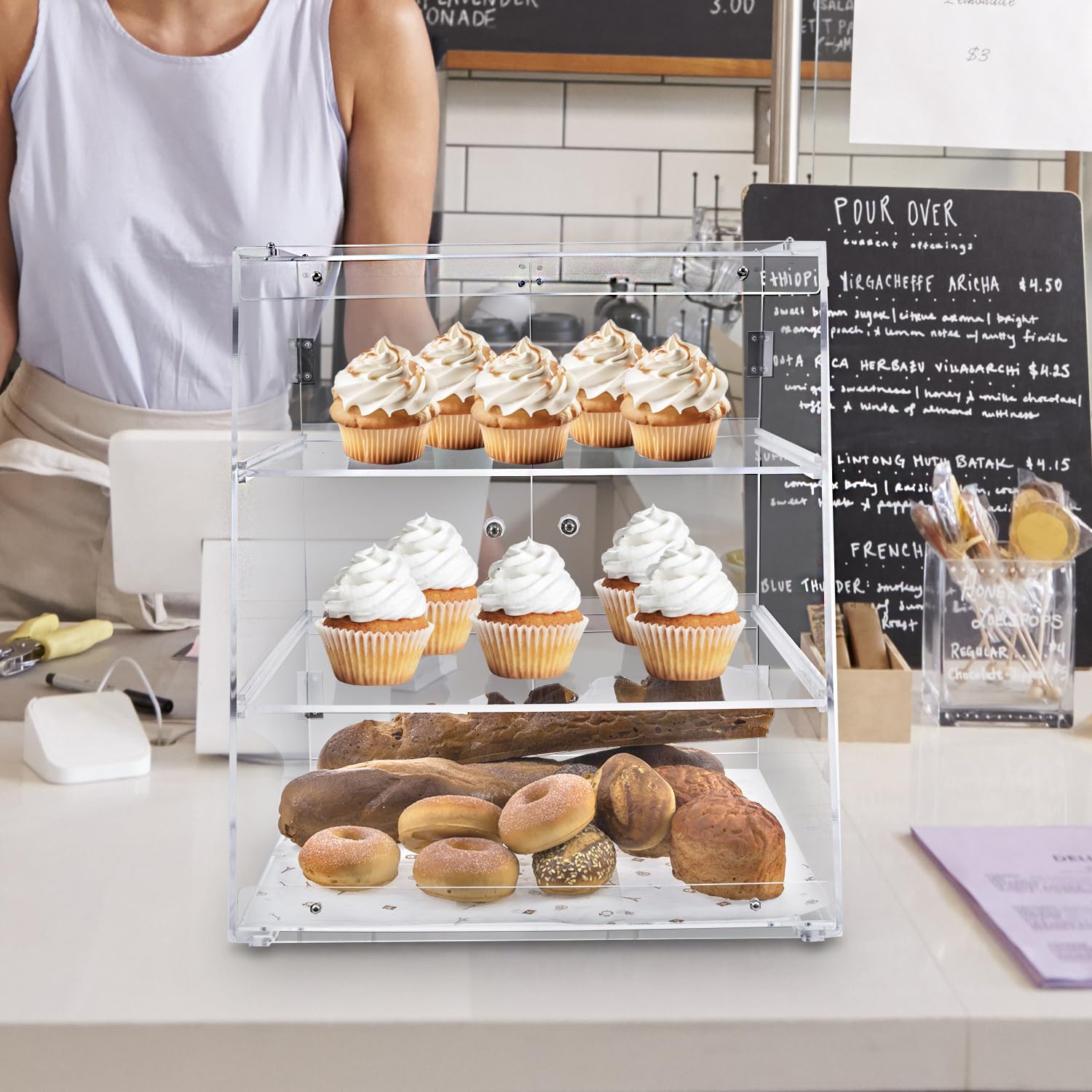 MyGift Panera de acrílico transparente de 3 niveles, vitrina de pastelería de grado profesional con bandejas extraíbles y puertas traseras magnéticas para uso doméstico o comercial