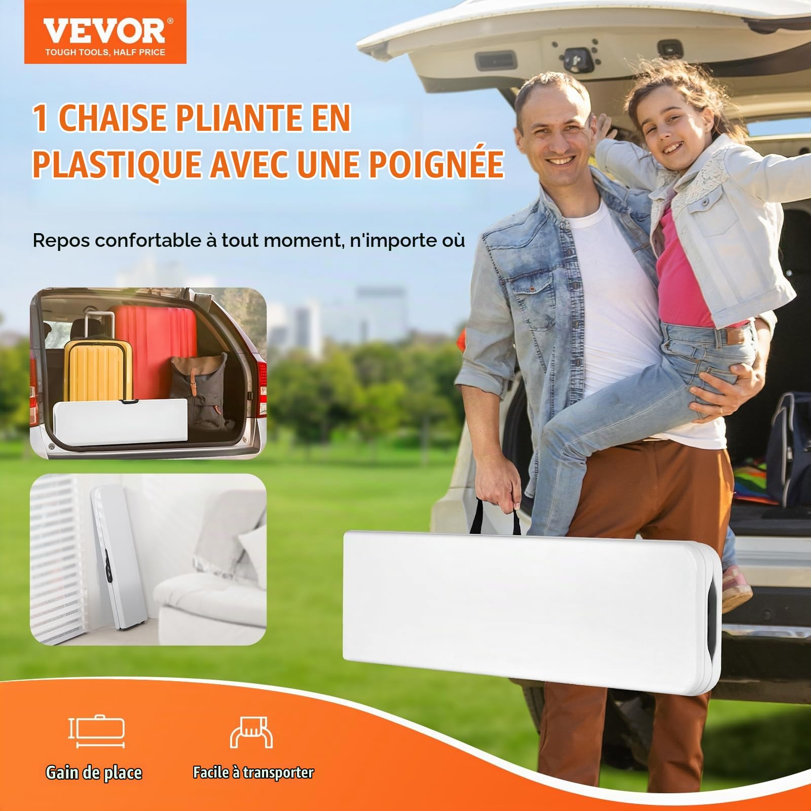 VEVOR Banc Pliant en Plastique, 1820 mm, Banc d'extérieur Pliable Portable, Lisse en PEHD imperméable, siège de Pique-Nique, de Salle à Manger avec poignée de Transport, pour Jardin, Blanc (1 Paquet)