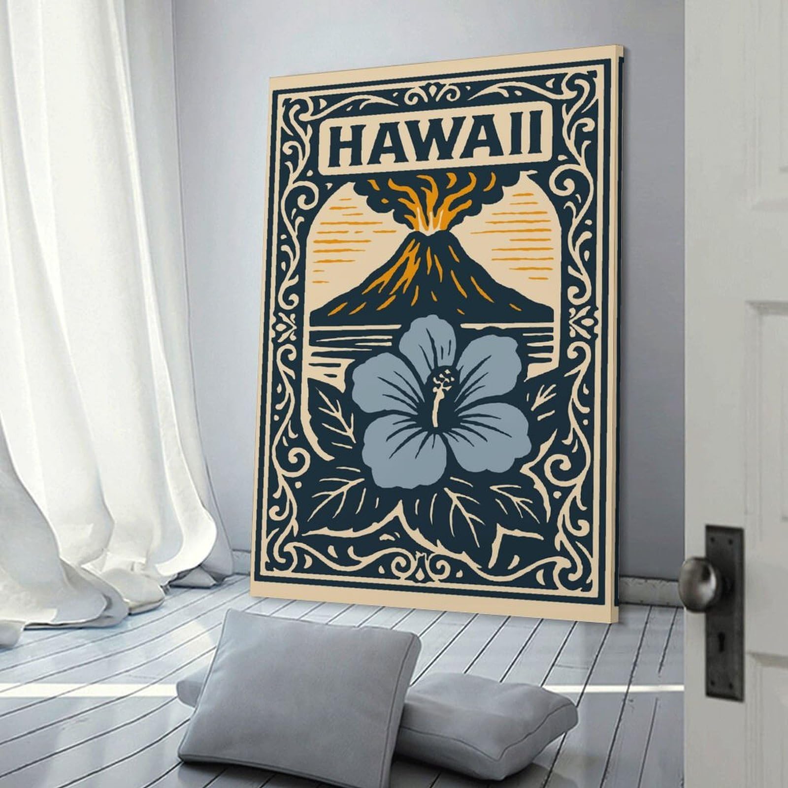 Junmoney Canvas Wall Picture Hawaii Volcano And Hibiscus Illustration, 24x36inch(60x90cm), for Hallway, Bedroom Or Modern Interiors, Home Decor Gift with Stylish Appeal