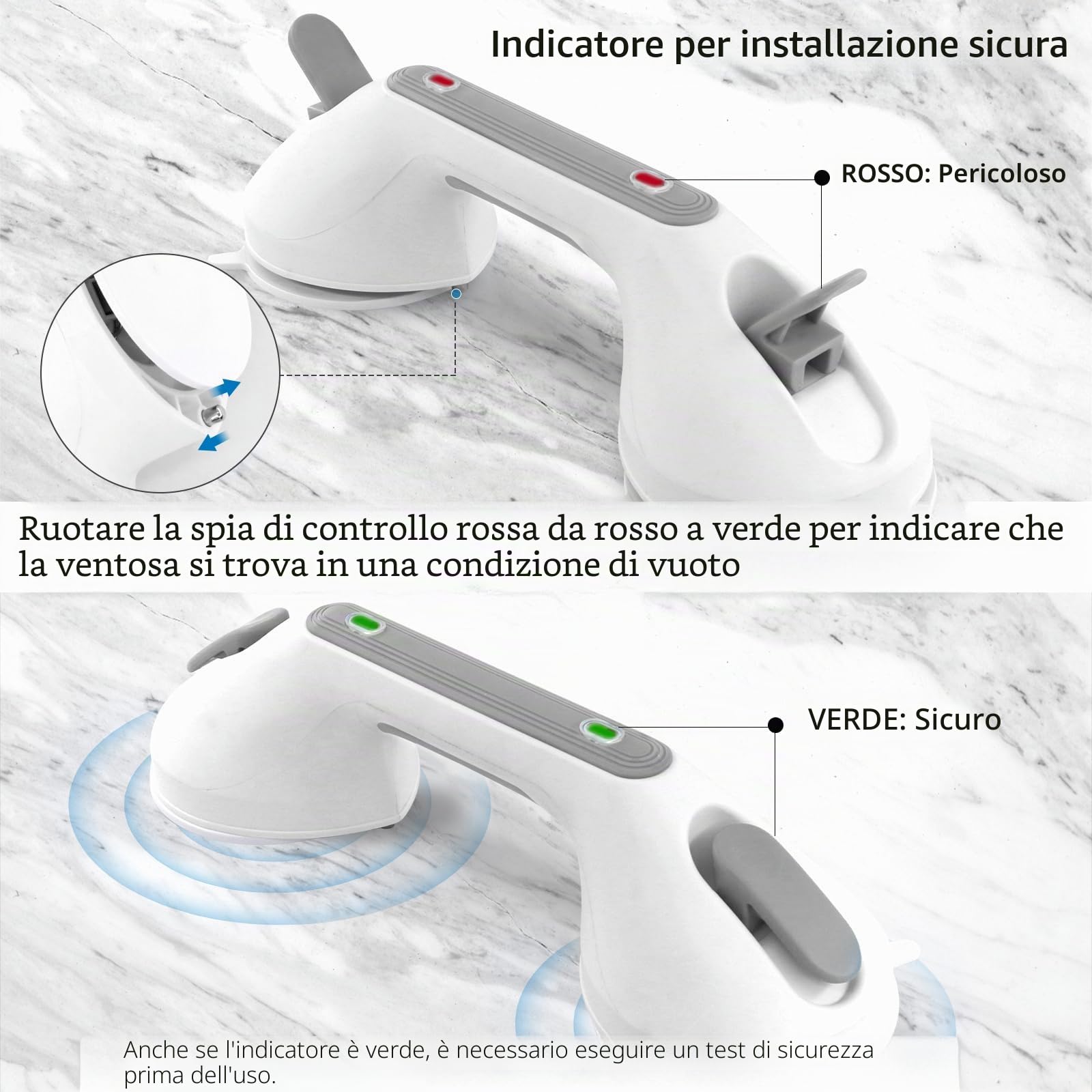 Newthinking maniglie ventosa da bagno 30cm, doccia anziani maniglia ventosa con Indicatore, maniglione ventosa bagno per Anziani disabili, 2 pezzi