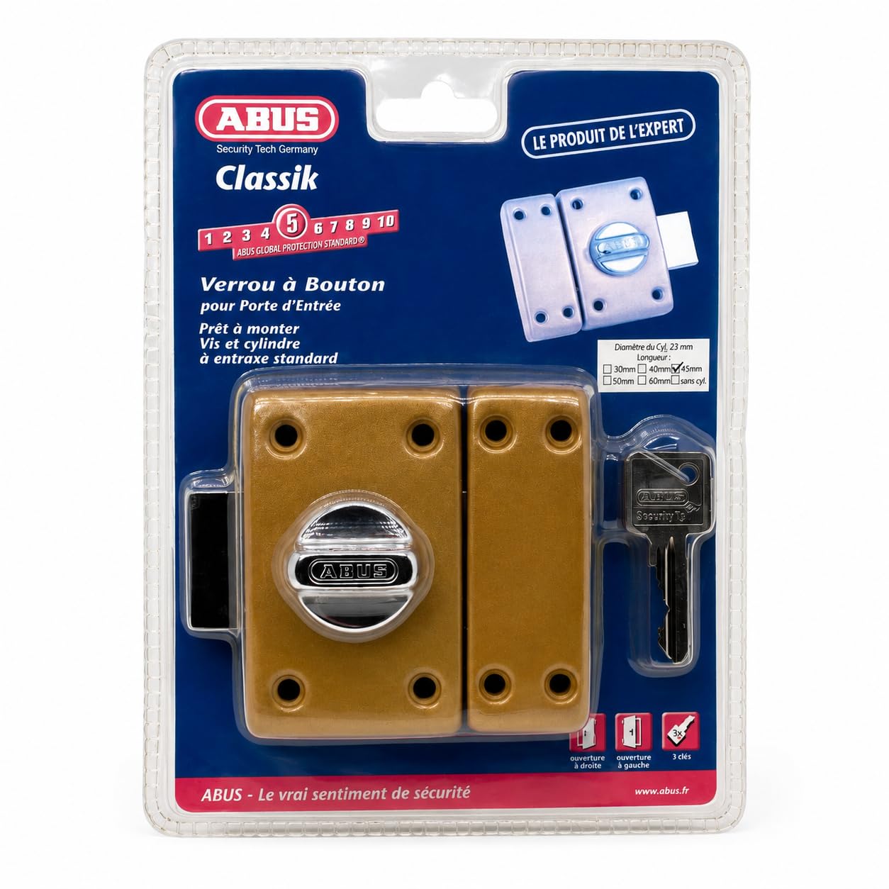 Abus CLK CB 45 B C Verrou classik à Cylindre et Bouton 45 mm Bronze