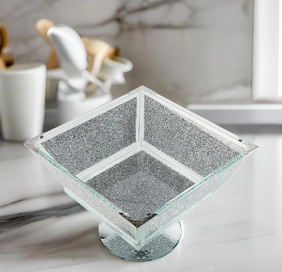Corbeille à fruits en cristal extra large avec cadre en métal argenté de forme carrée