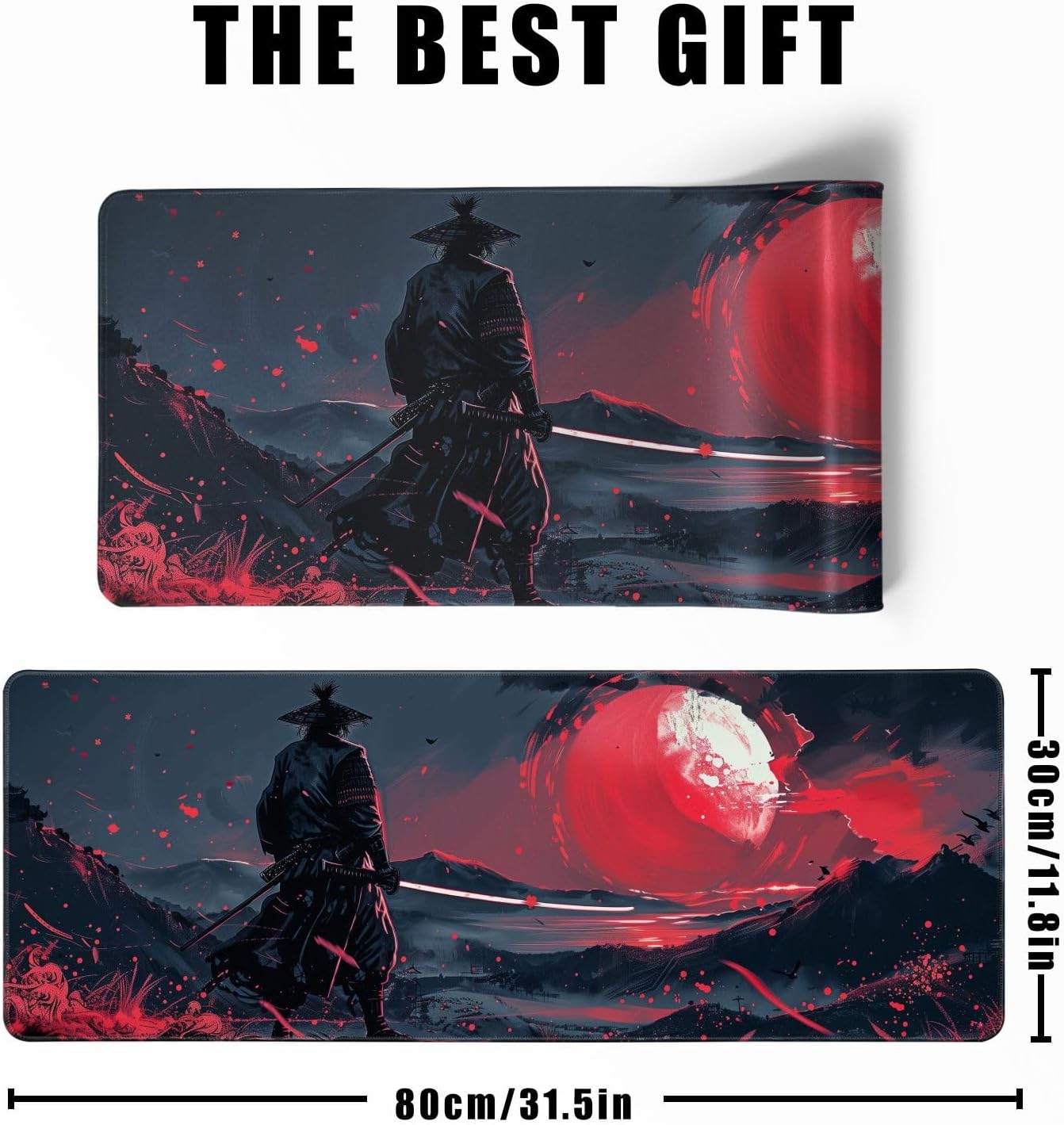Black Desk Mat Japanese Samurai Mouse Pad XL Red Anime Big Mousepad Gaming Large Mouse Pad for Men Desk Pad with Stitched Edges Non-Slip Large Computer Mat, 31.5x11.8 in - Image 3