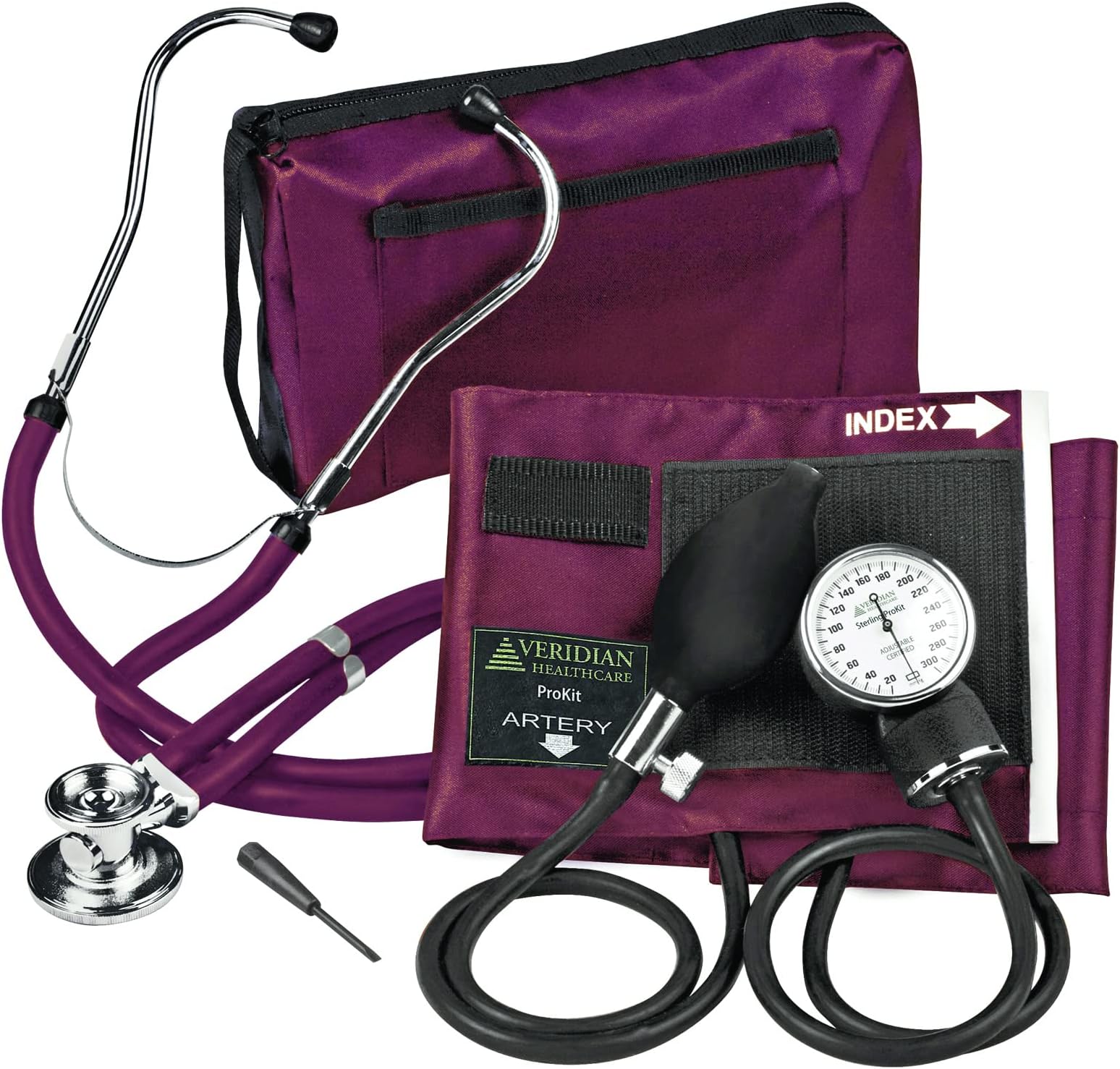 ProKitโข Aneroid Sphygmomanometer with Sprague Scope, Adult, Burgundy