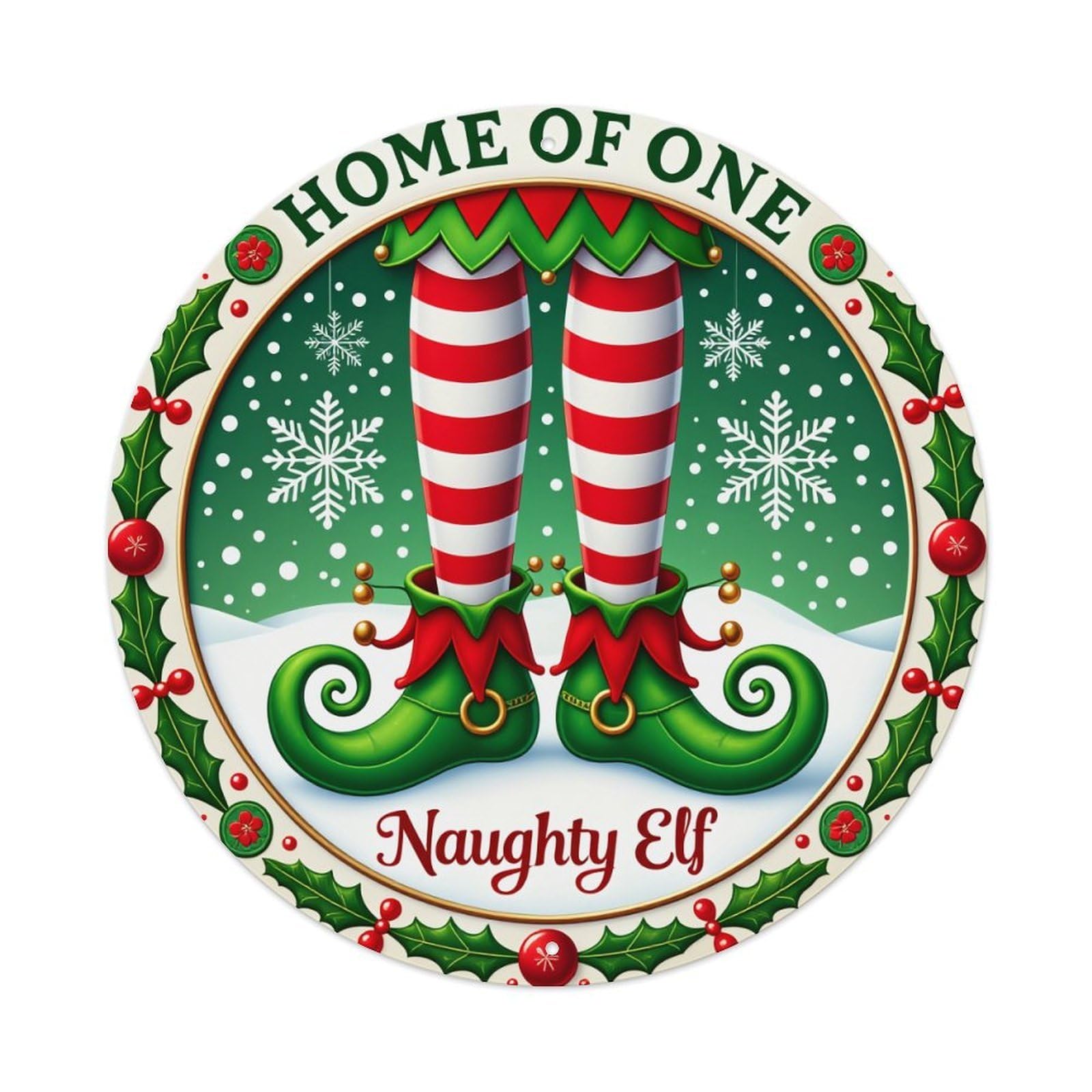Elf Legs Snowflakes Holly Berries Round Tin Sign Vintage Metal Poster, Home Bar Garage Man Cave Cafe Indoor & Outdoor Wall Decoration 8x8Inches