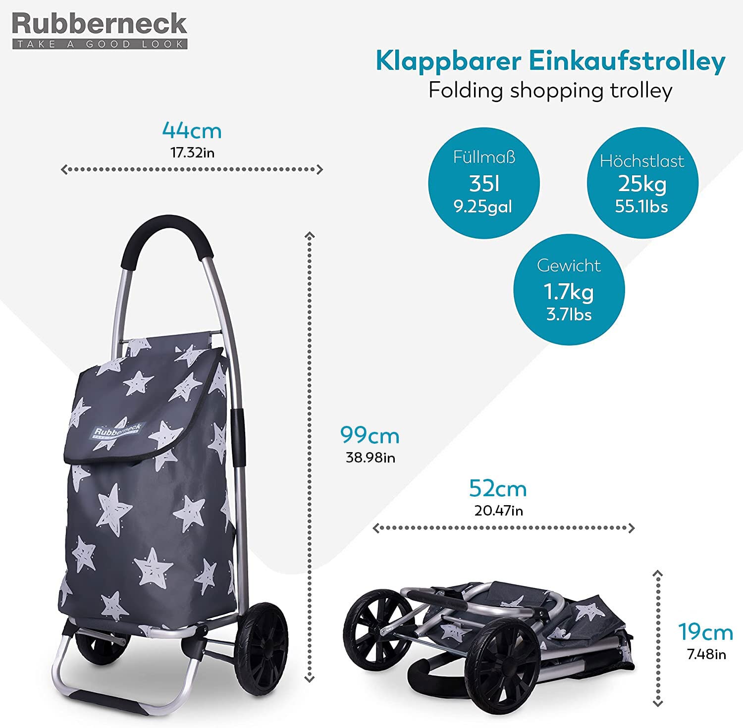 Rubberneck Carrello spesa con ruote grandi, pieghevole, grigio 35L
