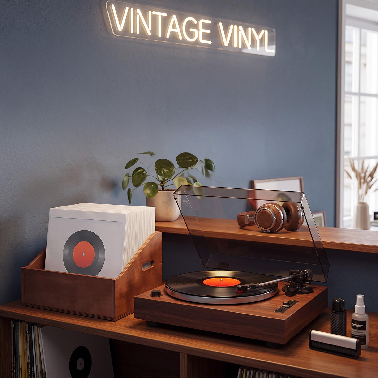 Fumete Scatola portaoggetti in legno per dischi in vinile, con 100 custodie per dischi da 45 giri/min, organizer resistente per album con manici e custodia quadrata in carta kraft da 17,8 cm, per
