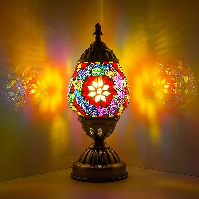 Turkish Mosaic Table Lamp Handmade Mosaic Glass Egg Shaped Lamp Tiffany Moroccan Lantern lamp Decorative Night Lights for Living Room Bedroom (Red)