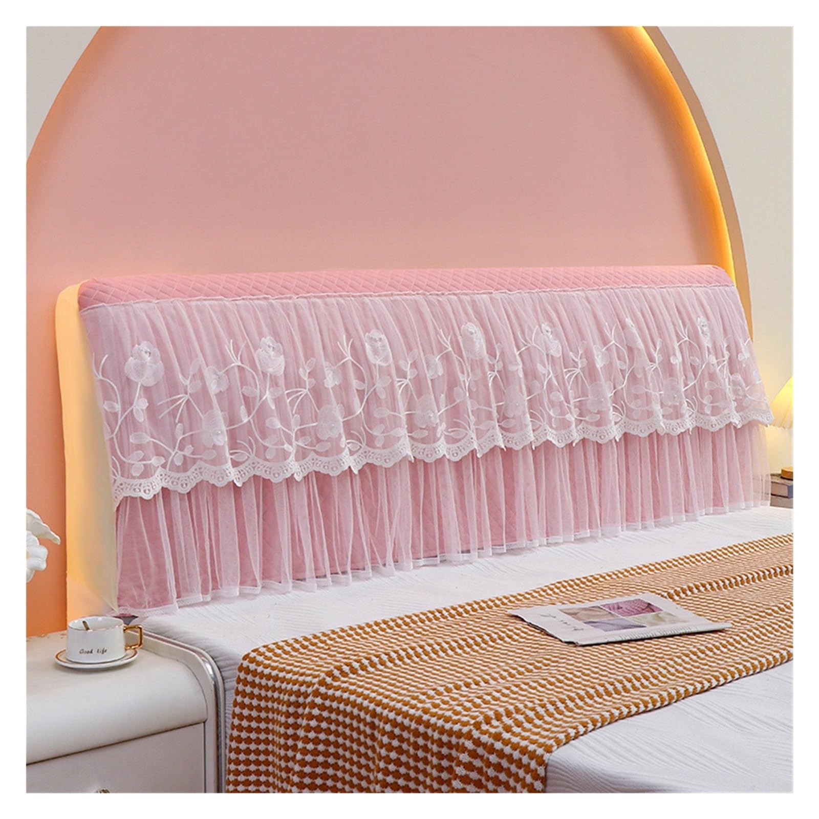FGUJSUR Headboard Slipcover Fully Covered Headboard Protective Cover Lace Thickened Easy To Disassemble Slipcovers Bump proof Bedside(Pink,220cm x H80cm)