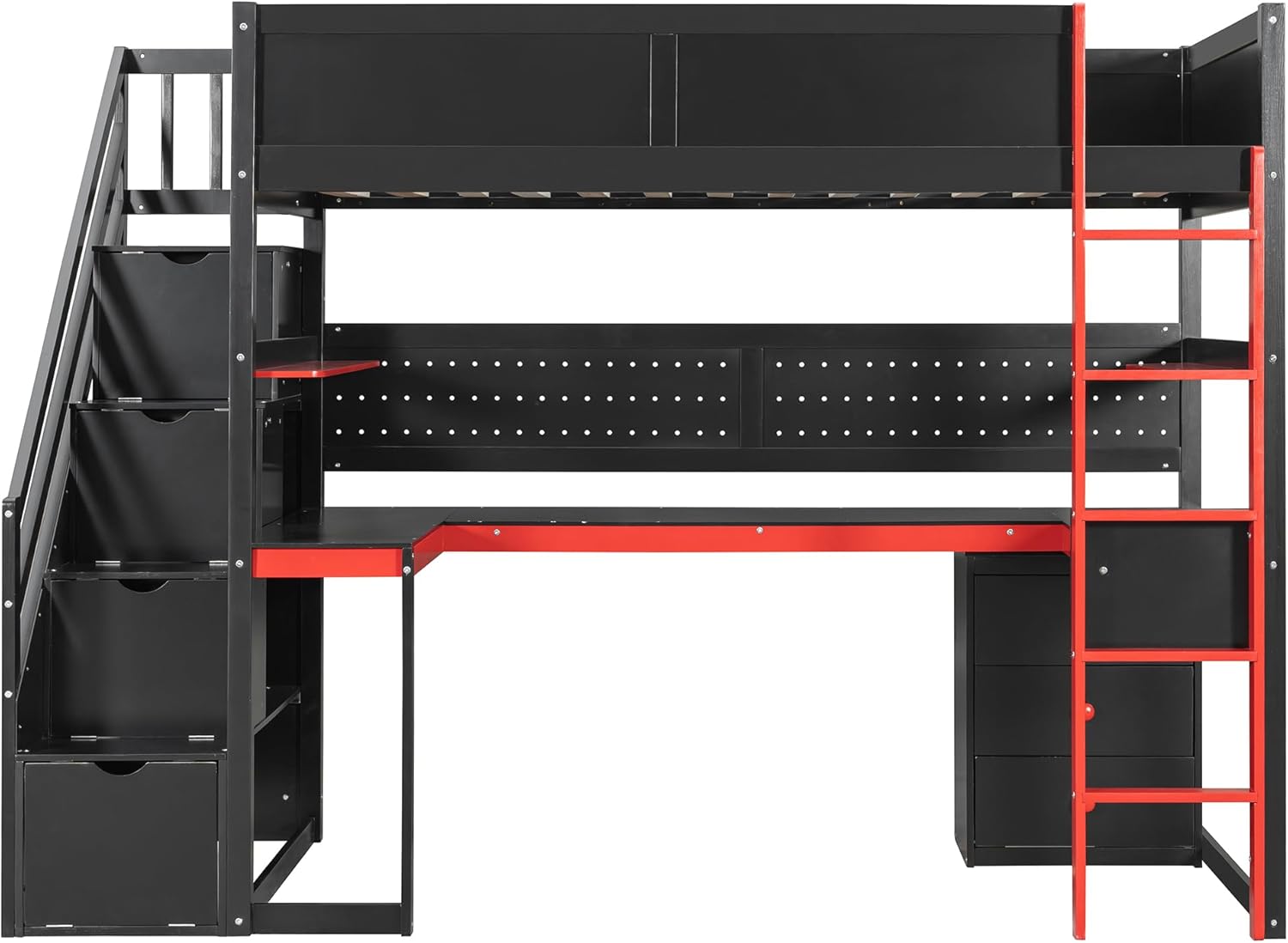 RUNNA Twin Size Wooden Gaming Loft Bed with Storage Stairs, Desk, Shelves & Pegboard, Space-Saving Esports Style for Teens & Adults (Black+Red-2)