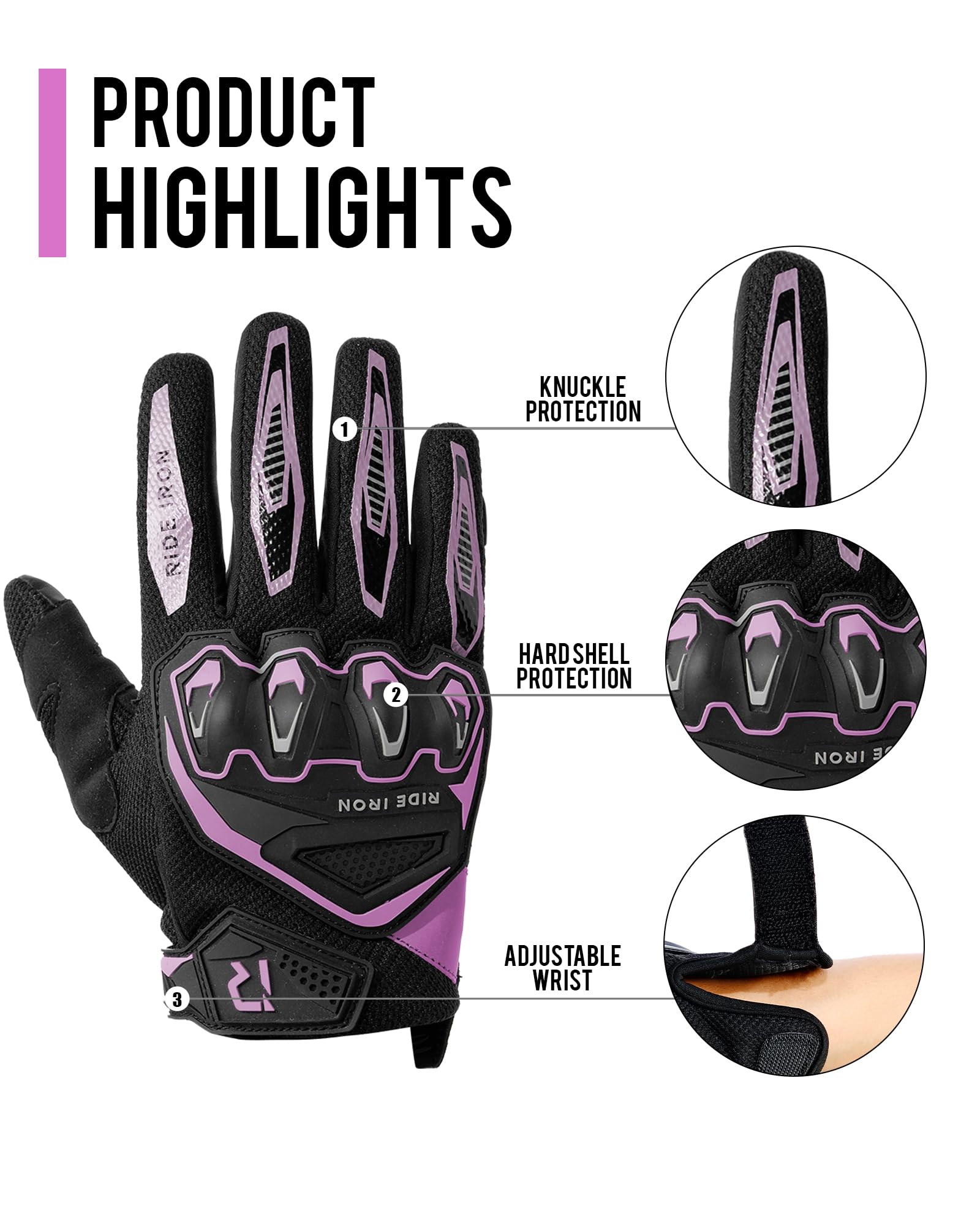 RIDEIRON Guantes Moto Hombre Verano Mujer, Transpirables con Pantalla táctil, Protección de Nudillos, Adecuados para Montar en Moto, Scooter, Carreras Todoterreno