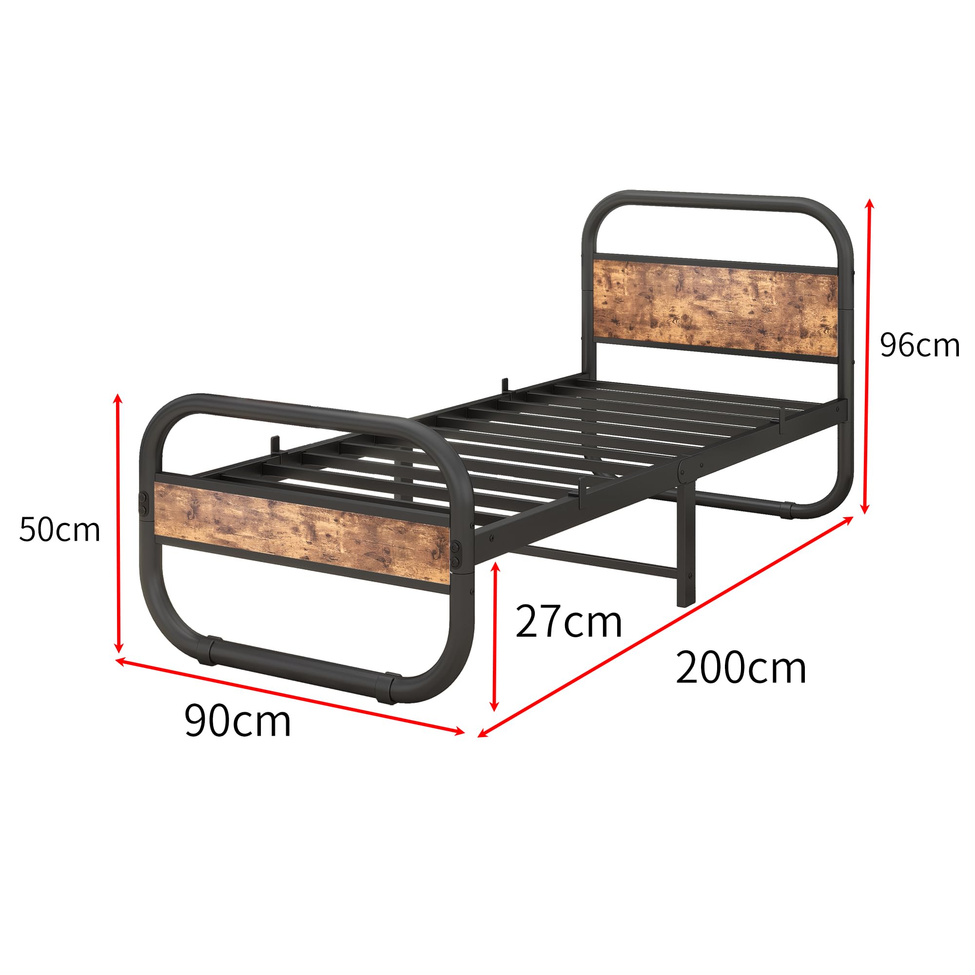 HOMERECOMMEND Łóżko 90 x 200, rama łóżka z metalu i drewna ze stelażem, łóżko metalowe, 90 x 200 cm, kolor czarny i brązowy