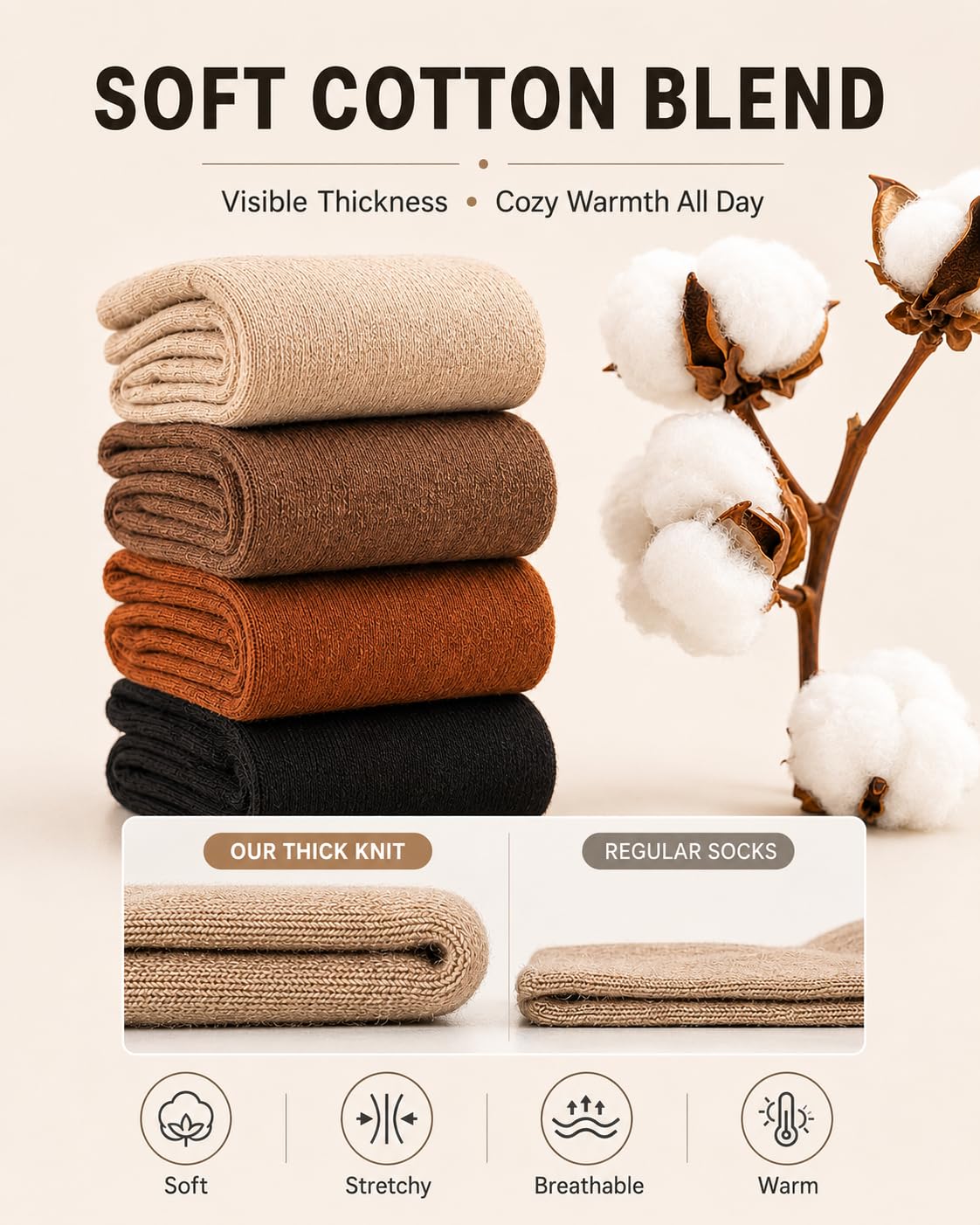 Aoliks Chaussettes hautes chaudes pour femme, chaussettes thermiques en coton pour la randonnée, le ski, cadeaux d'hiver