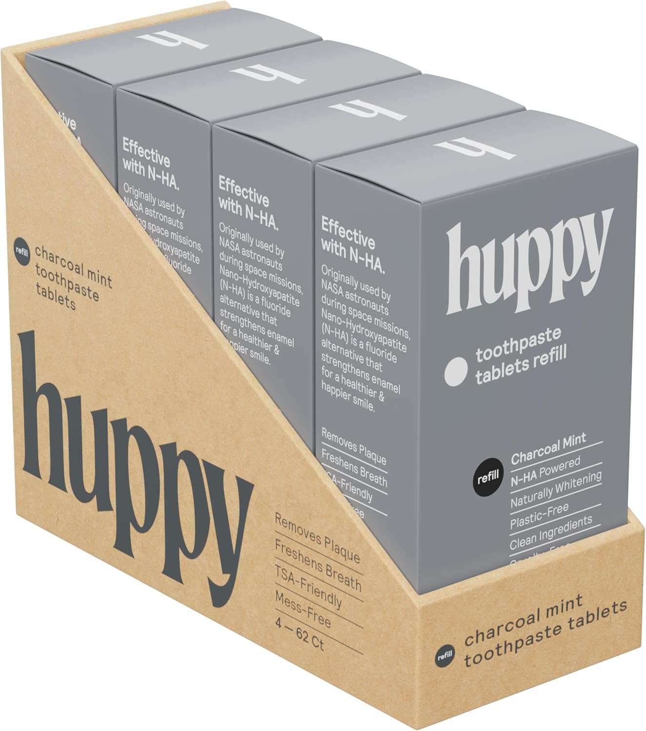HUPPY Toothpaste Tablets, Nano Hydroxyapatite Toothpaste - Natural Whitening, Fluoride Free and Remineralizing Tablets - Travel Hydroxyapatite Tabs, Charcoal Flavor (4 Month Refill no Refillable Tin)