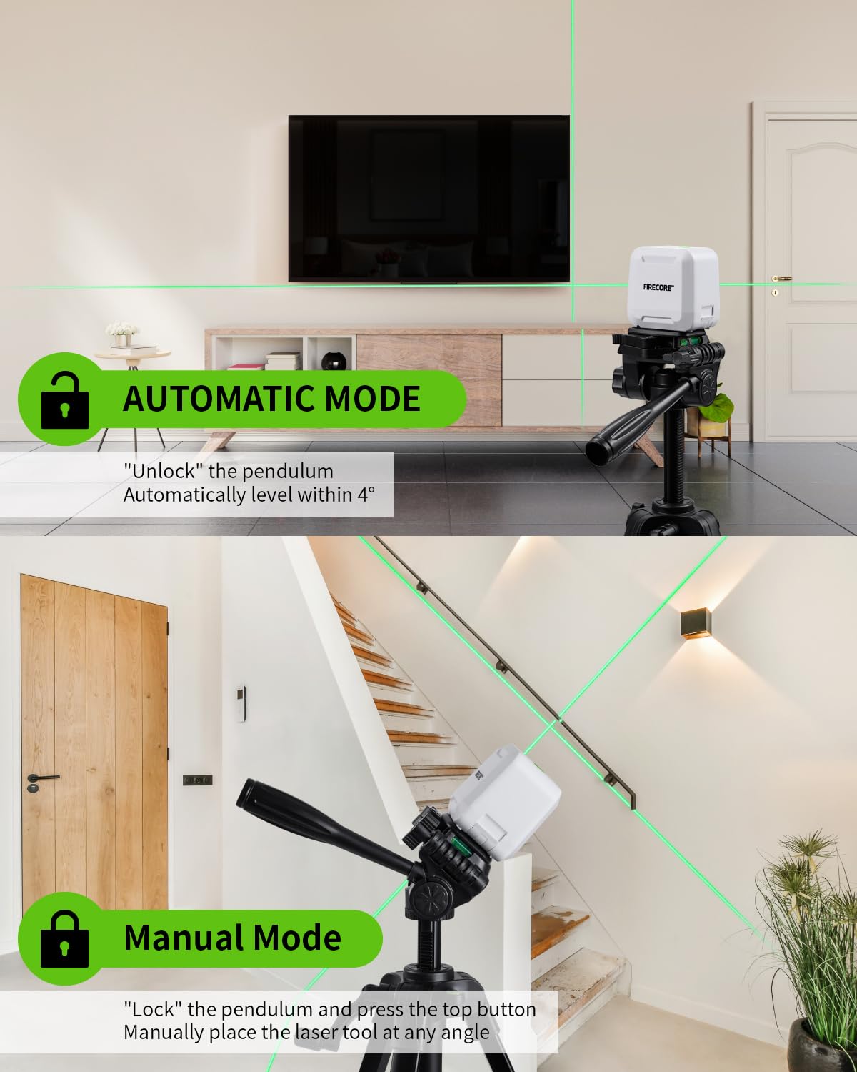 Firecore G20 Nivel Laser Autonivelante en Cruz, Nivel Laser con Trípode Alcance de 30 m, IP54 Lazer Verde Ideal para DIY, Decoracion,Herramienta De Nivelación