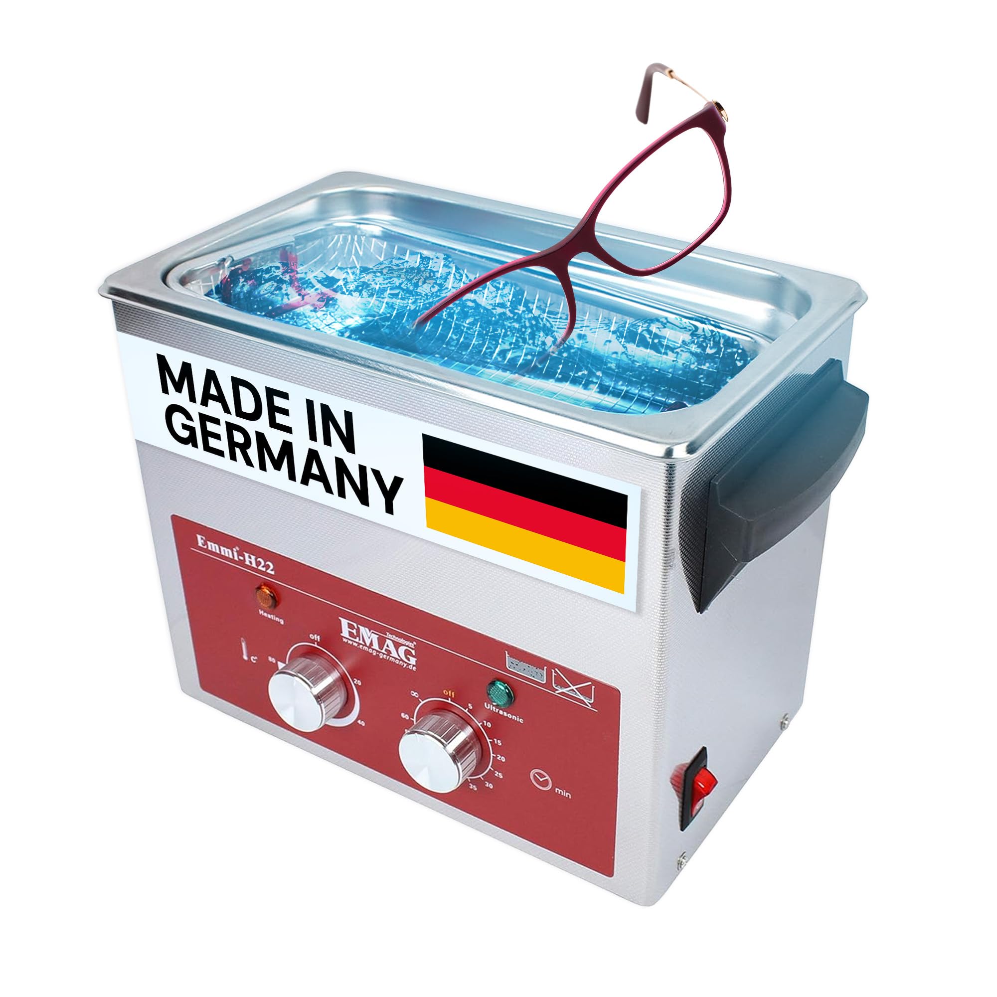 EMAG Ultraschallreiniger H22 – Edelstahlgerät 2,2L – 45kHz, Heizung & Timer – Profi Ultraschallgerät für Schmuck, Brillen, Zahnersatz, Labor, Dental, Werkstatt