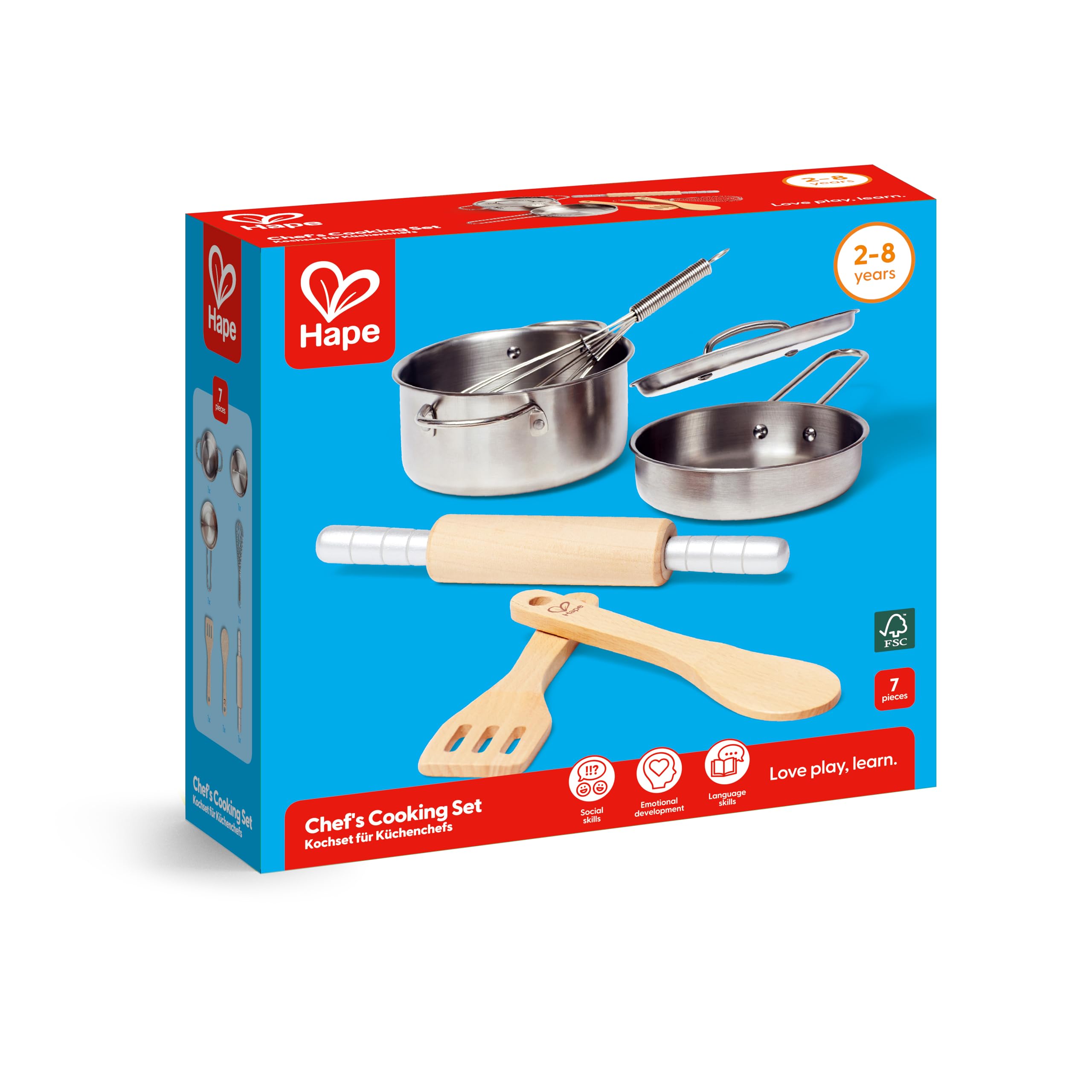 Hape Kochset für Küchenchefs – 7-teiliges Küchenzubehör aus Edelstahl mit Topf, Pfanne & Kochlöffel, Rollenspiel-Kochset, ab 3 Jahren