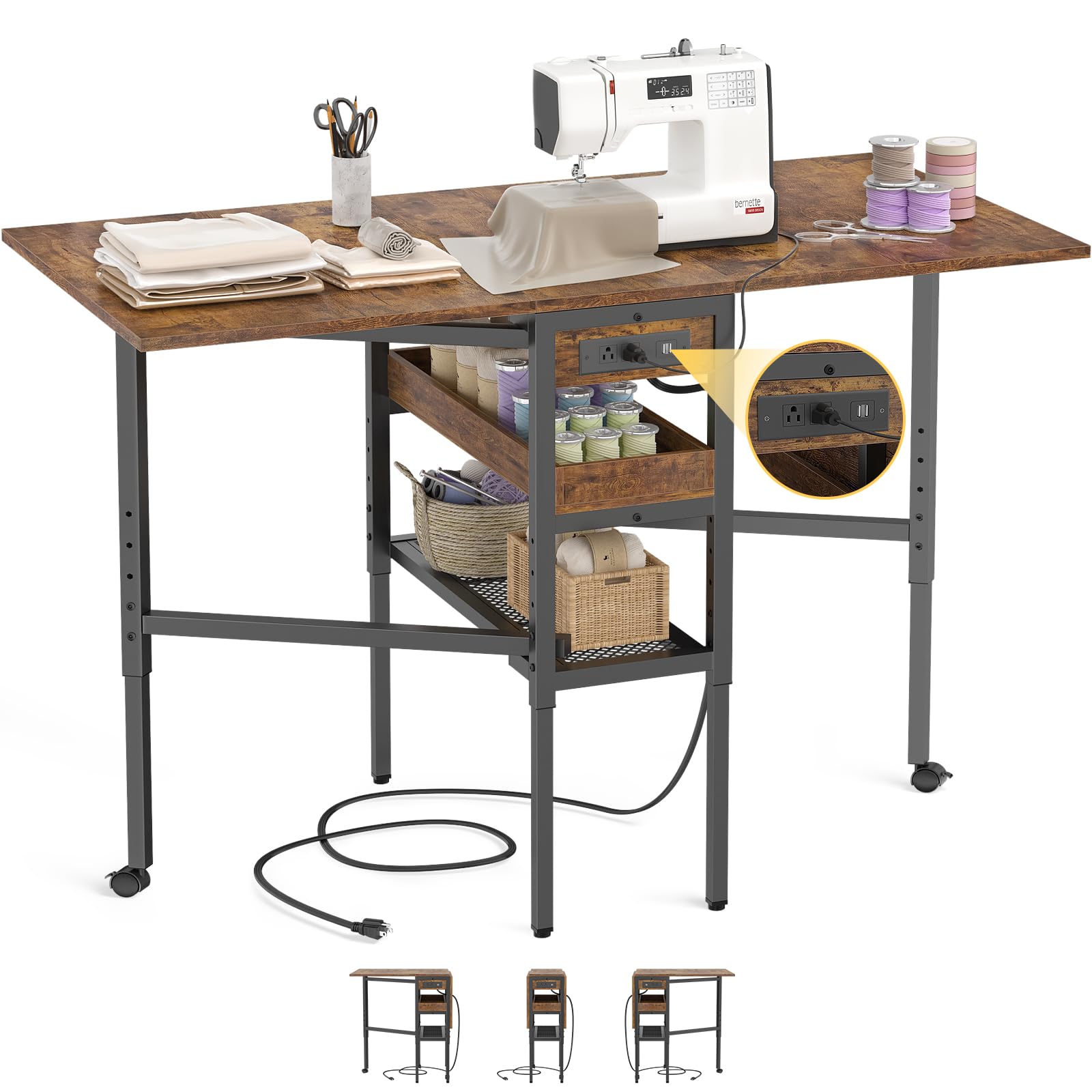 Folding Sewing Cutting Table with Charging Station, Height Adjustable Craft Table with Storage, 50" Foldable Fabric Cutting Tables for Sewing Room Craft Room, Rustic