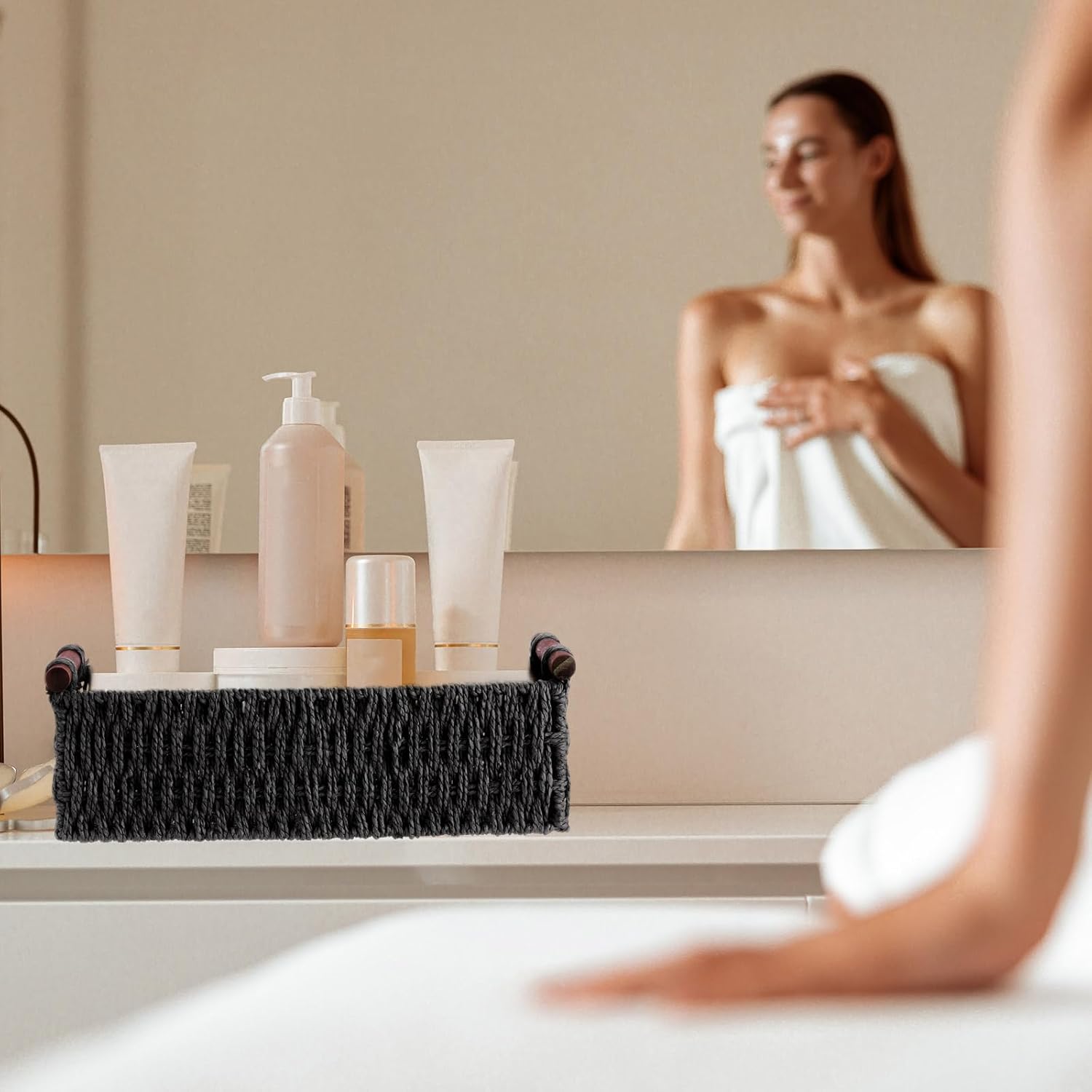 Boao 3 Pcs Boho Storage Wicker Baskets Handmade Woven Decorative Paper Rope Baskets for Organizing with Handle Countertop Toilet Paper Storage Container for Toilet Tank Top(Black,Rectangle)