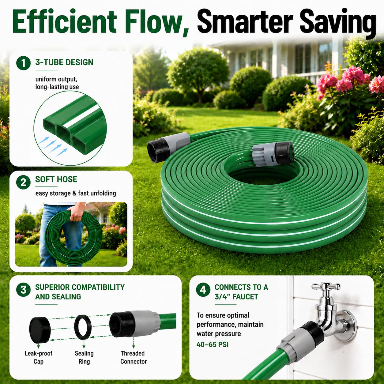 MIXC Sprinklerschlauch mit Löchern, 30 m (7,6 m, 4 Stück) flexibler flacher Sprinkler-Schlauch mit 40 Gartenklammern und 2 Splittern, effizientes wassersparendes Design für Rasen, Hof, Blumenbeete und