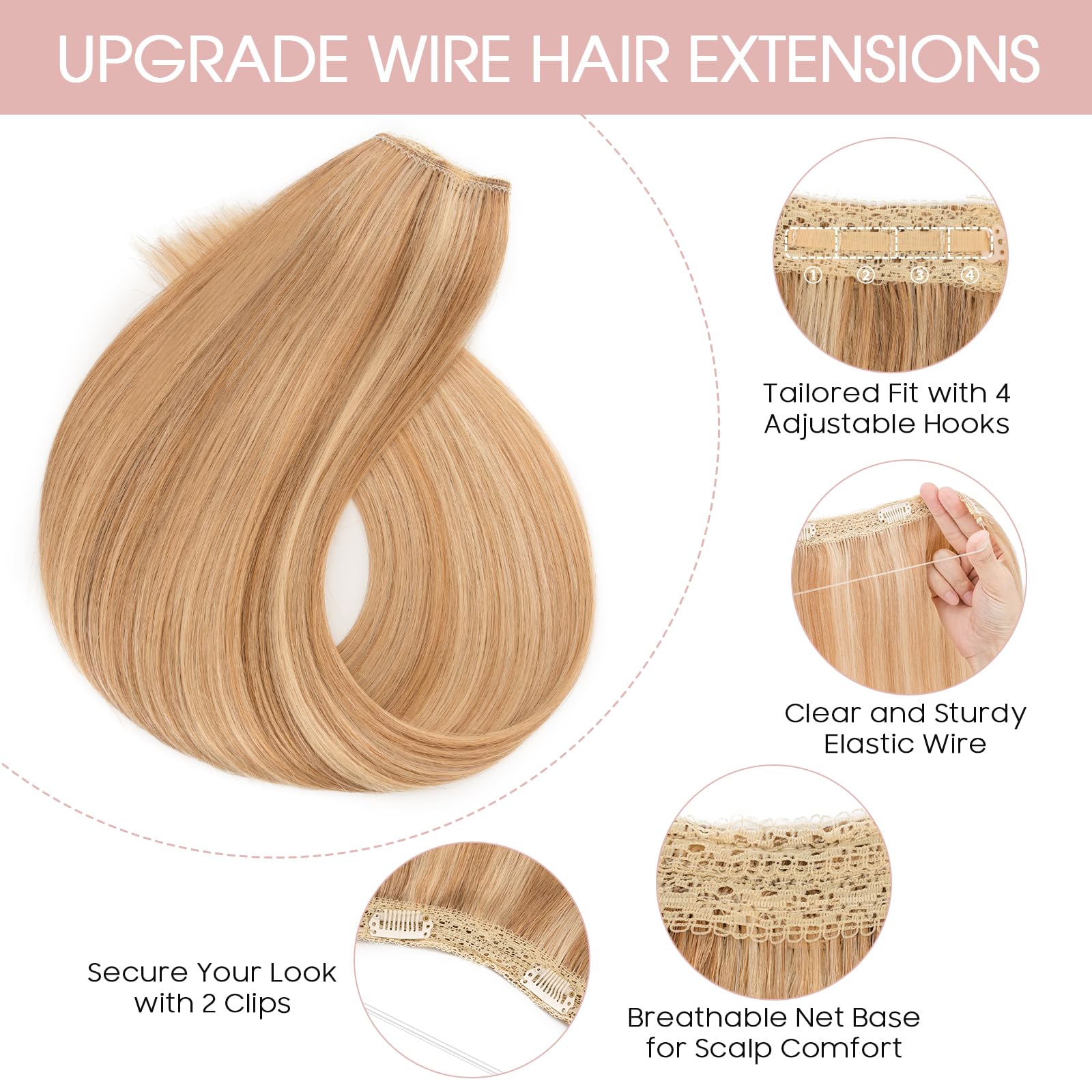 Silk-co Secret Wire In Hair Extensions No Clip Invisible Remy Human Hair One Piece Straight Natural Invisible Adjustable Secret Wire Hairpiece Extensions 14Inch-60g #12P613 Golden Brown&Bleach Blonde - Image 2