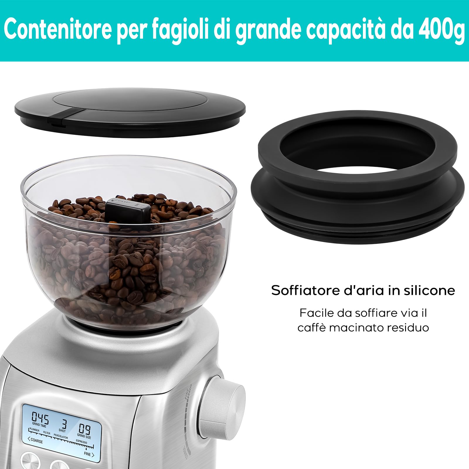 CASABREWS Macina Caffe' Elettrico a Cono, 77 Impostazioni di Macinatura, Macinacaffè Elettrico per Caffè Espresso e portafiltro, Contenitore per I Chicchi da 400gr, Indicatore LED,Acciaio Inossidabile