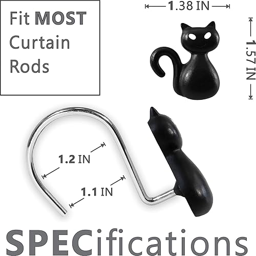 Miniatura 2 de Ganchos para cortina de ducha de gato negro de Halloween, diseño de gato gótico espeluznante con anillos de acero inoxidable a prueba de óxido,