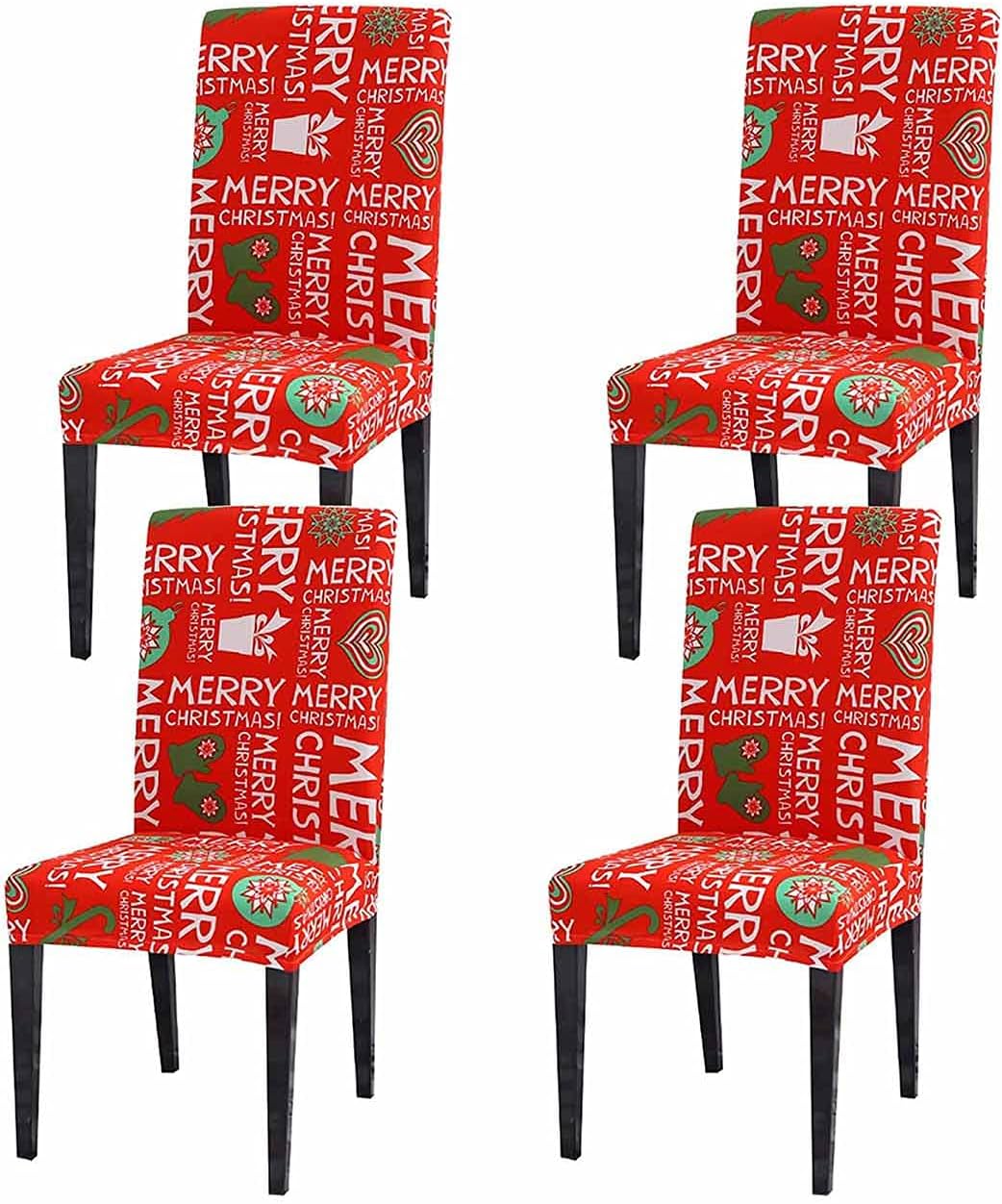 Christmas Chair Covers 4 Pack, Dining Chair Slipcover Christmas Decoration for Home, Stretch Removable Washable Chair Protector Christmas Theme Seat Cover Decoration for Home Kitchen (Merry Christmas)