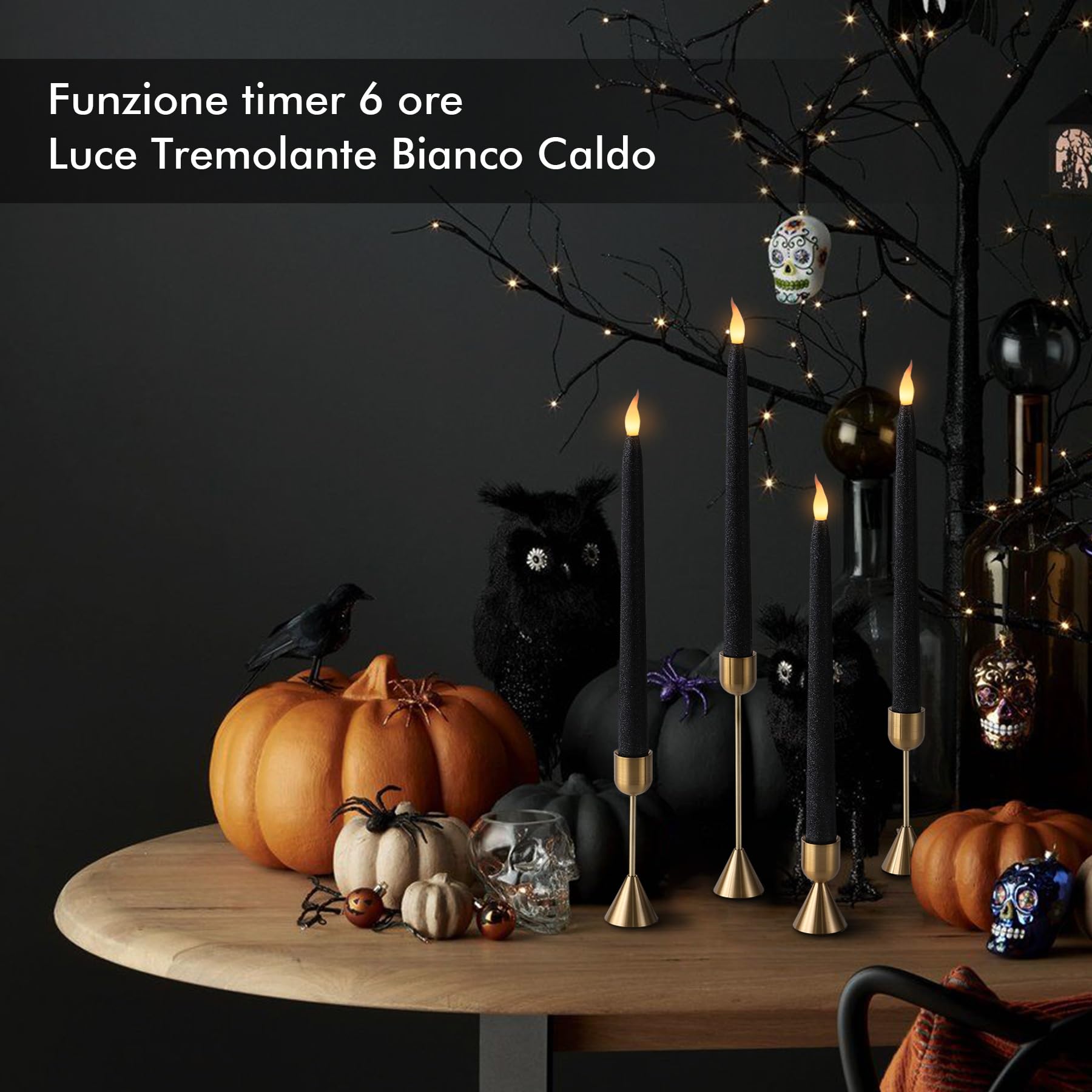 Rhytsing Set di 8 Candele coniche senza fiamma con glitter neri, Candele a batteria con Funzione Timer per Halloween, 28 cm