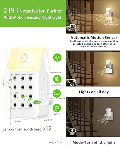 Miniatura 2 de ySky Purificador de aire enchufable para el hogar (paquete de 3), purificadores de aire de iones negativos con sensor de movimiento LED, luz