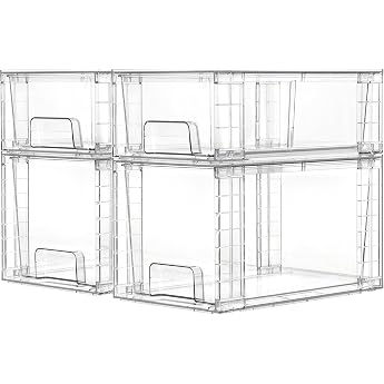 Vtopmart Set of 4 Clear Stackable Storage Drawers Easy to Assemble Bathroom Organiser with Handles Plastic Drawers for Kitchen Pantry Cabinet and Under-Sink Acrylic Organisation