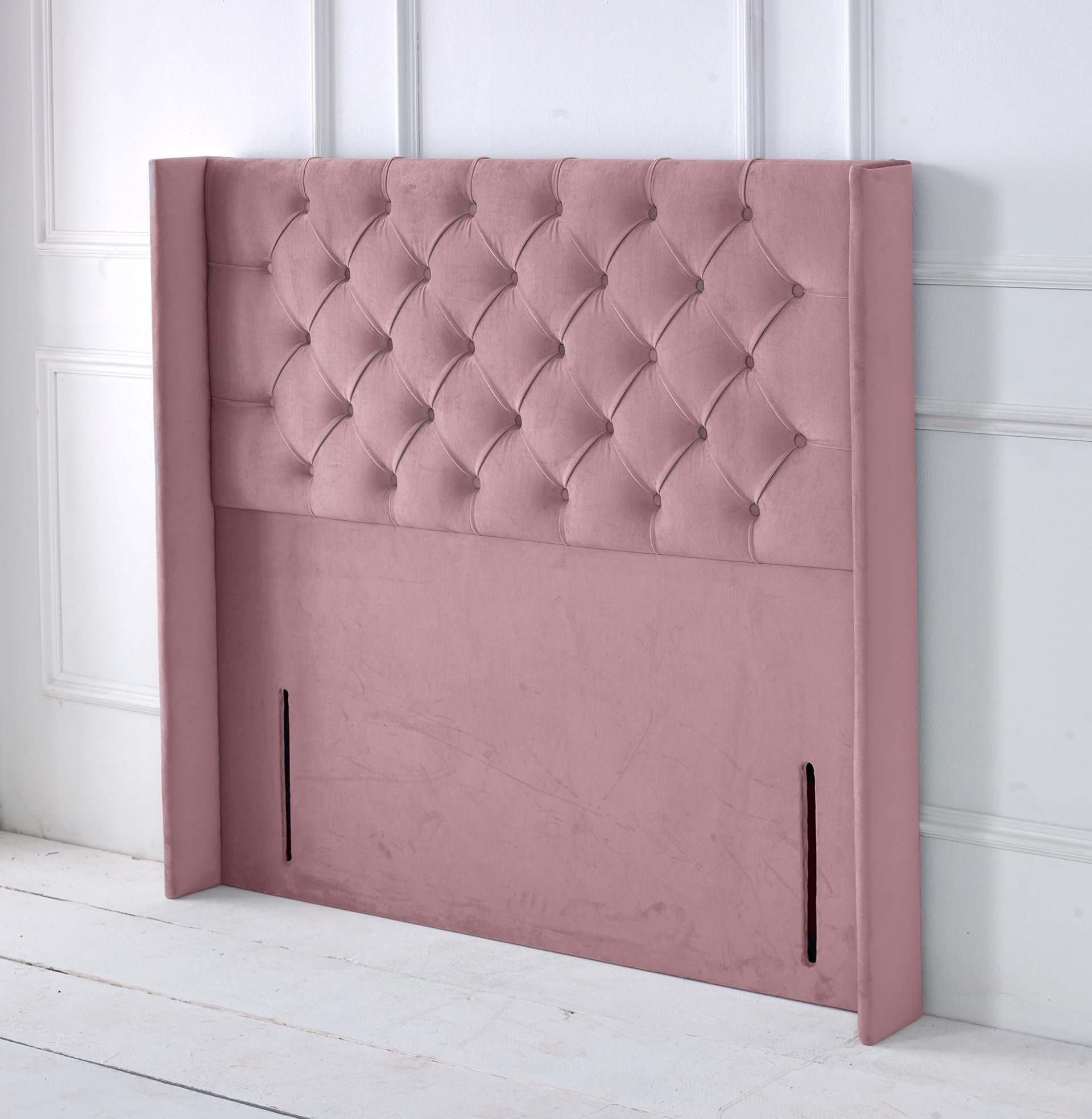 Chesterfield Ottoman Winged Divan Bed Headboard | Plush Velvet Headboards for 4ft6 Double Size Bed | Elegant design with wooden material headboards for beds (Pink, 4ft6 Double Height-50inch)