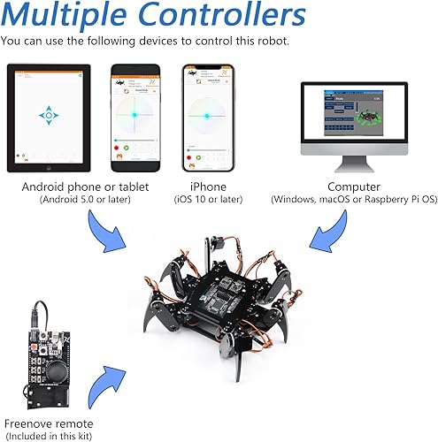 Vista 4 de FREENOVE Kit de robot hexápodo con control remoto (compatible con Arduino IDE), torsión de arrastre para caminar, control remoto de aplicación, Con