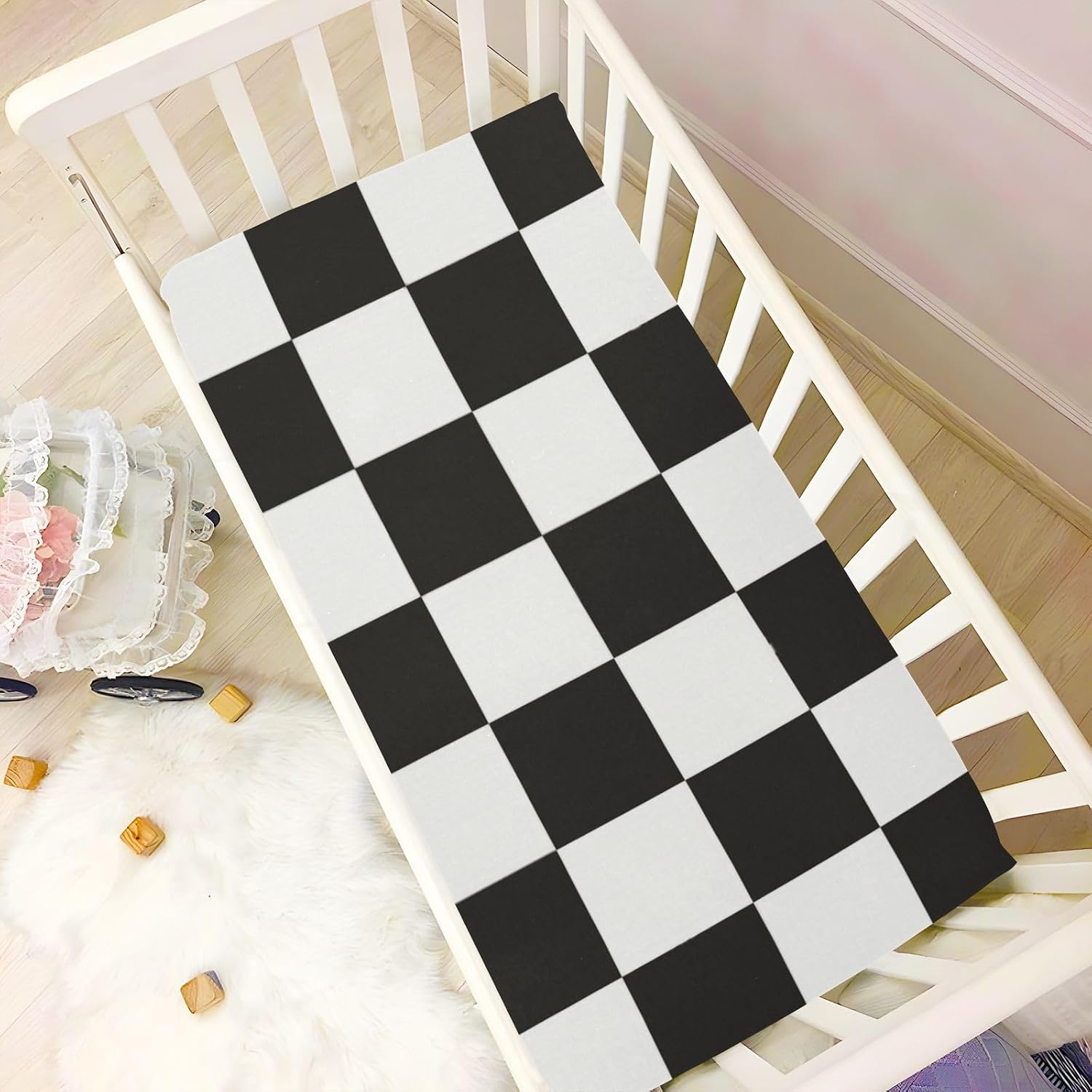 Checkered Black Crib Sheets Standard Crib Toddler Mattresses Cover Fitted Baby Bed Sheet Breathable Crib Mattress Sheet for Girls Boys 52" x 28"x5''