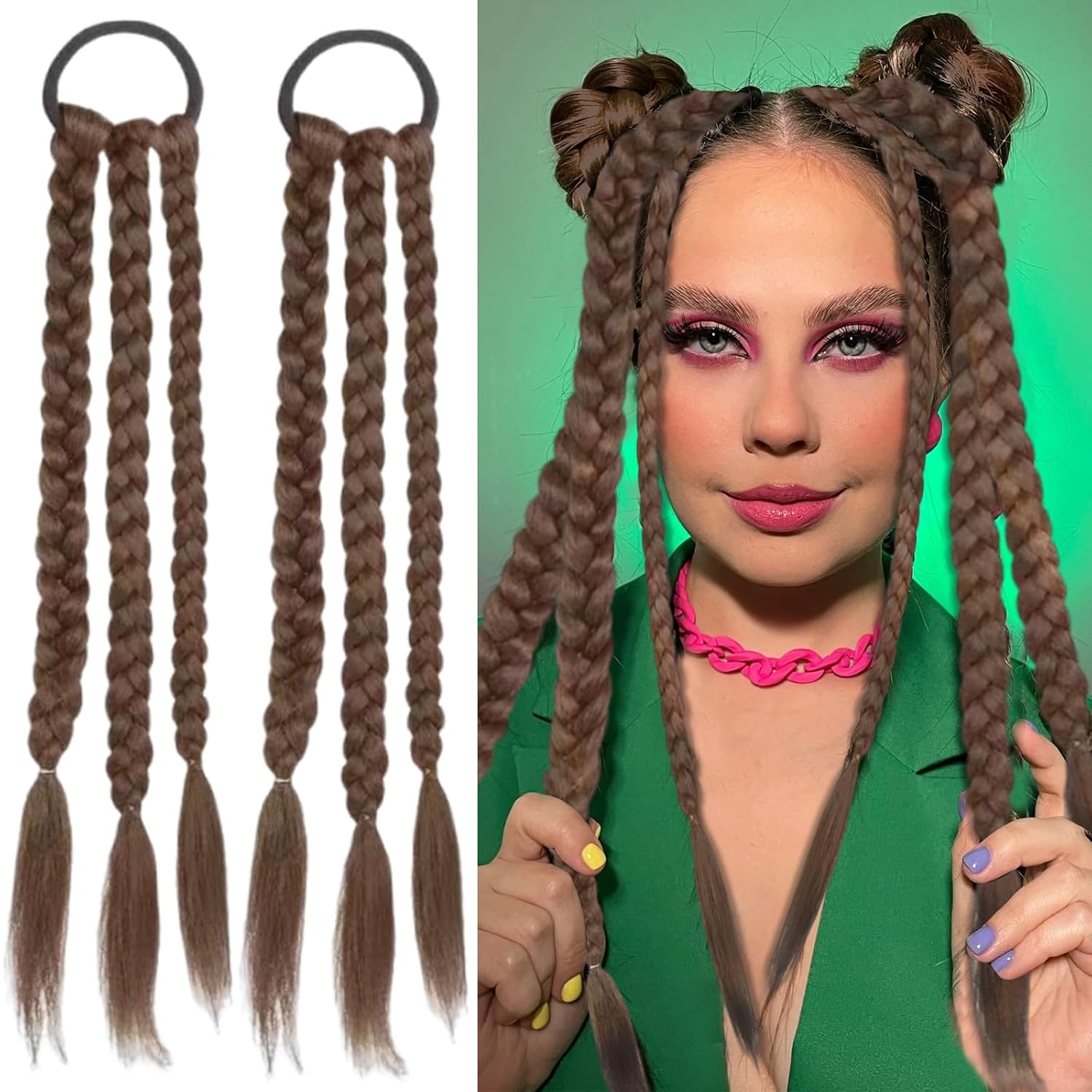 2Pcs Braided Ponytail Extensions with Hair Ties Soft Synthetic Ponytail Wig Braided Extensions Hairpieces for Women Girls DIY Daily Wear Accessories (Light Brown)