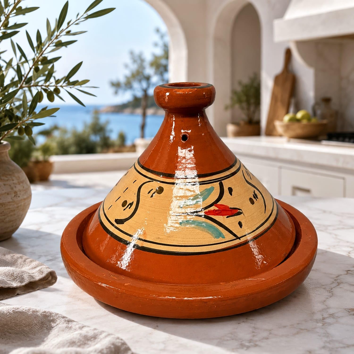 Tajine XL 35 cm Terracotta handbemalt – traditioneller marokkanischer Topf + kostenloses E-Book 0107261116