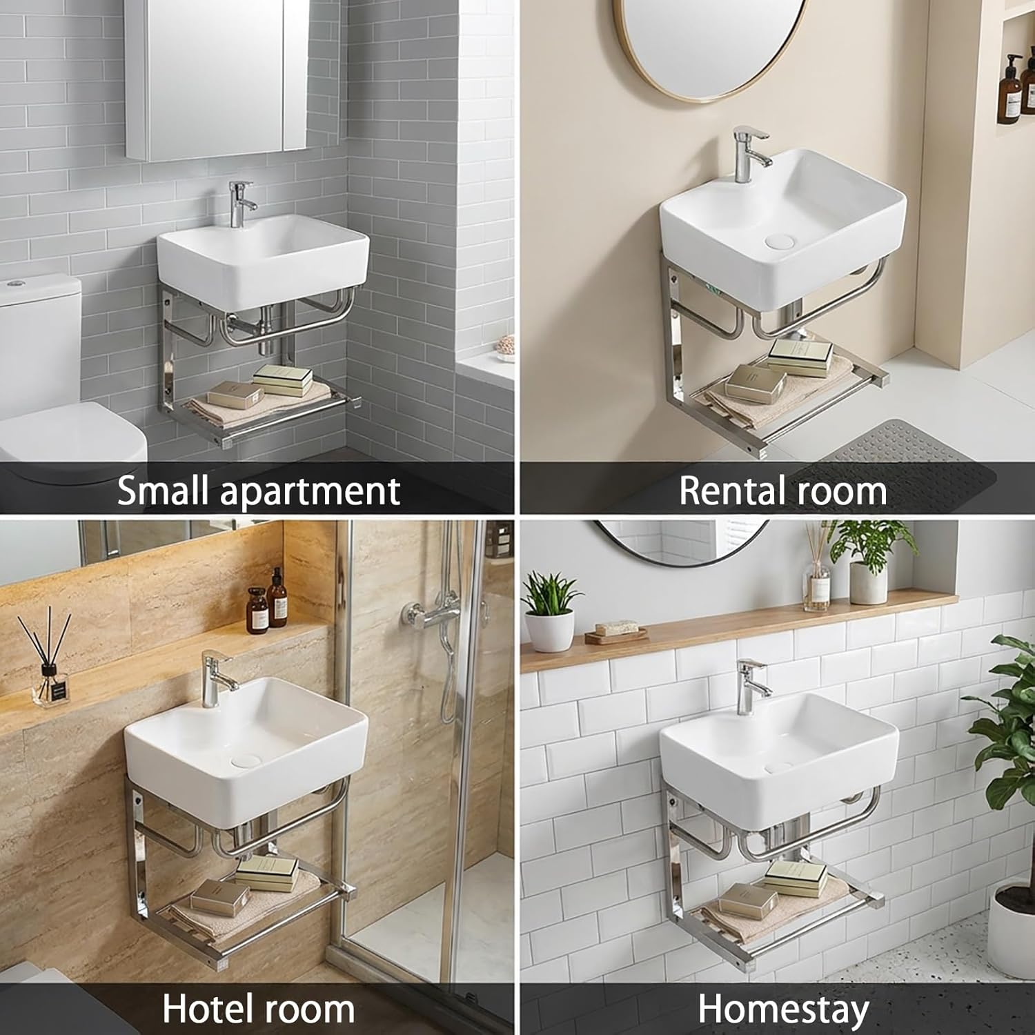 Wall Mount Bathroom Sink with Stainless Steel Storage Rack, 19 Inch Vessel Sink with Premium High-Temperature Fired Ceramic, Easy to Install for Home Apartment Salon Café