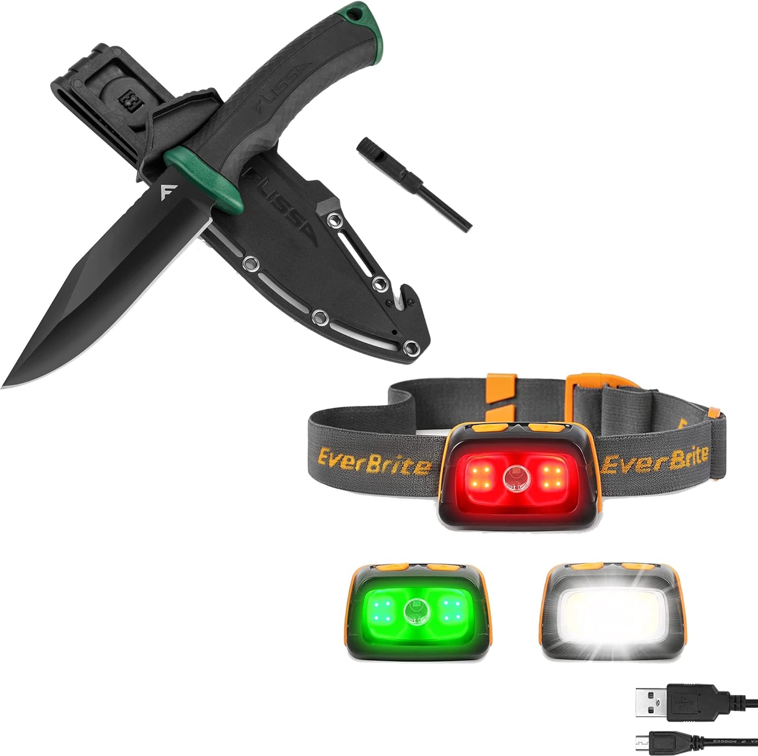 EverBrite Rechargeable Headlamp & FLISSA 4-7/8” Survival Knife with Sheath