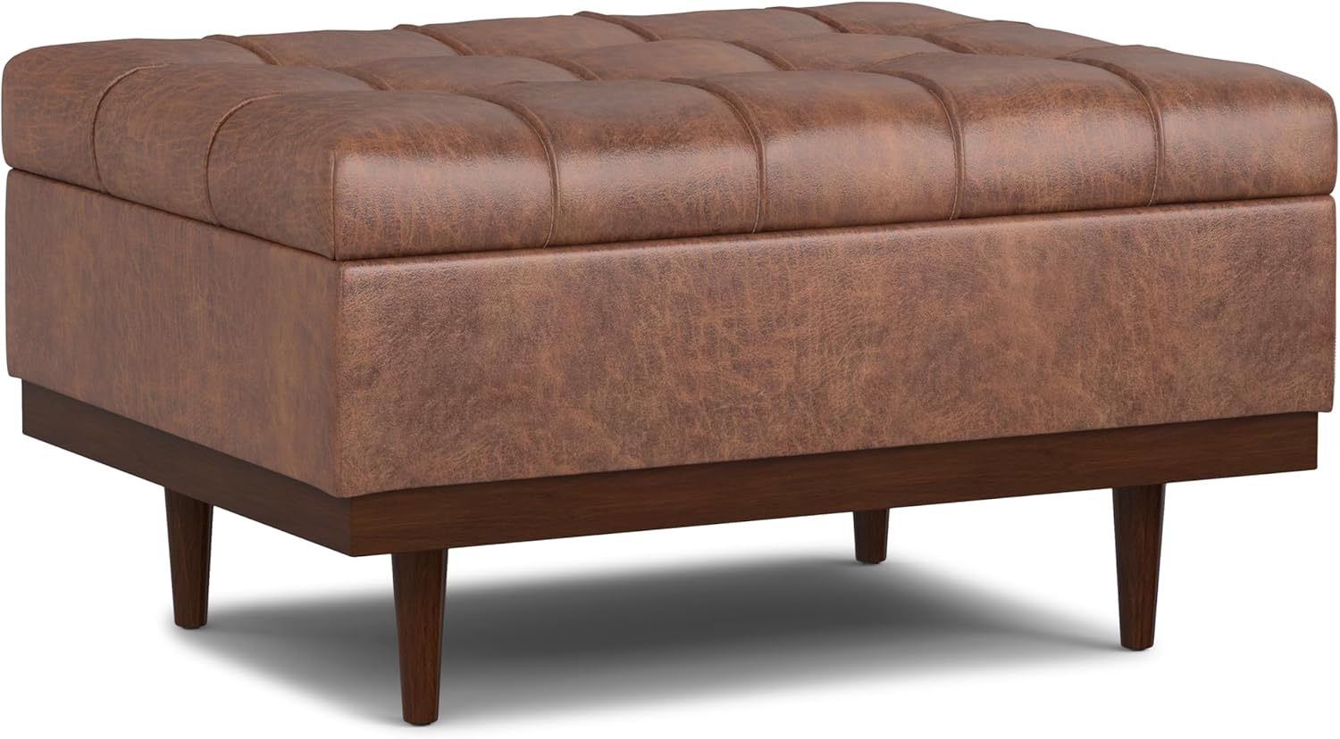 SIMPLIHOME Mariah 34 inch Wide Contemporary Rectangle Coffee Table Storage Ottoman in Distressed Saddle Brown Vegan Faux Leather, Assembled, For the Living Room, Entryway and Family Room
