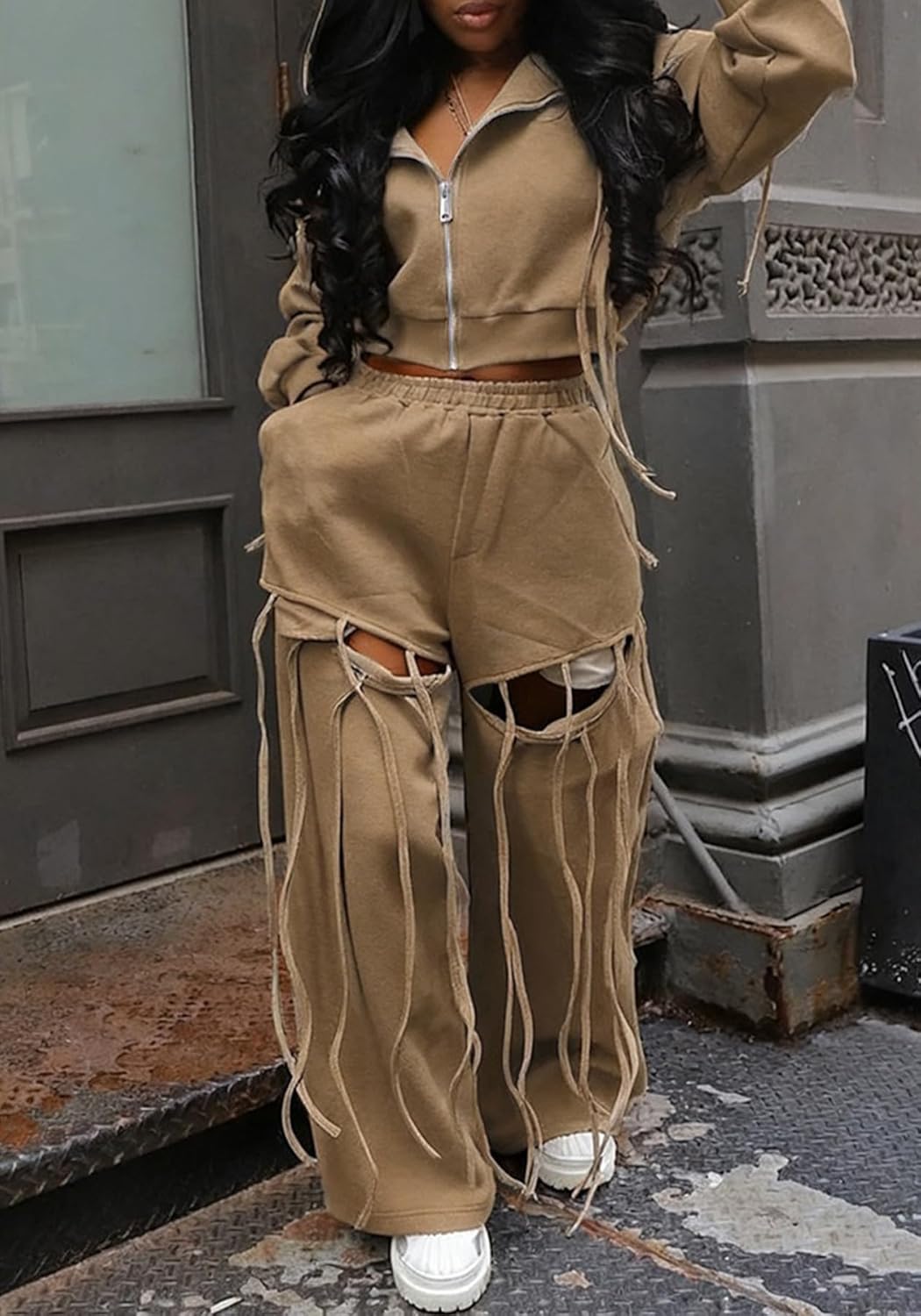 Womens Sweatsuits 2 Piece Outfits Fall Zip Up Cropped Hoodie Cut Out Sweatpants Sets Airport Travel Outfit Tracksuit