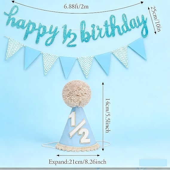 Half Birthday Hat & Banner Set - Blue 1/2 Cone Hats with Elastic Band, Half Birthday Party Decorations Photo Props for Boys & Girls
