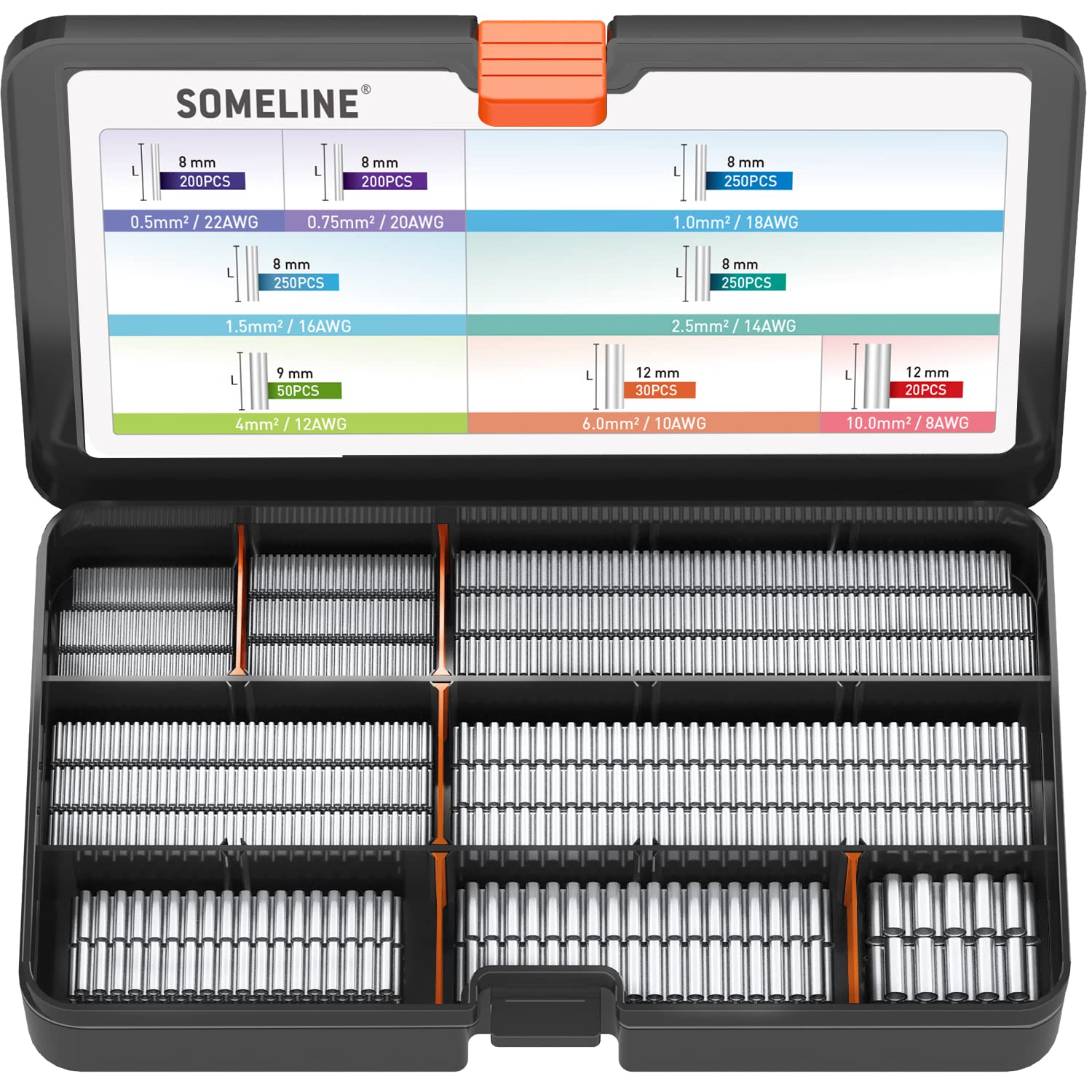 Tube Bare Terminal 1.5mm²-10mm² Non-Insulated Crimping Pipe Cord End Electrical Wire Connected Copper Tinned Kit DIY Barrel Bucket Shape Naked Terminals Connectors SOMELINE (1250PCS)