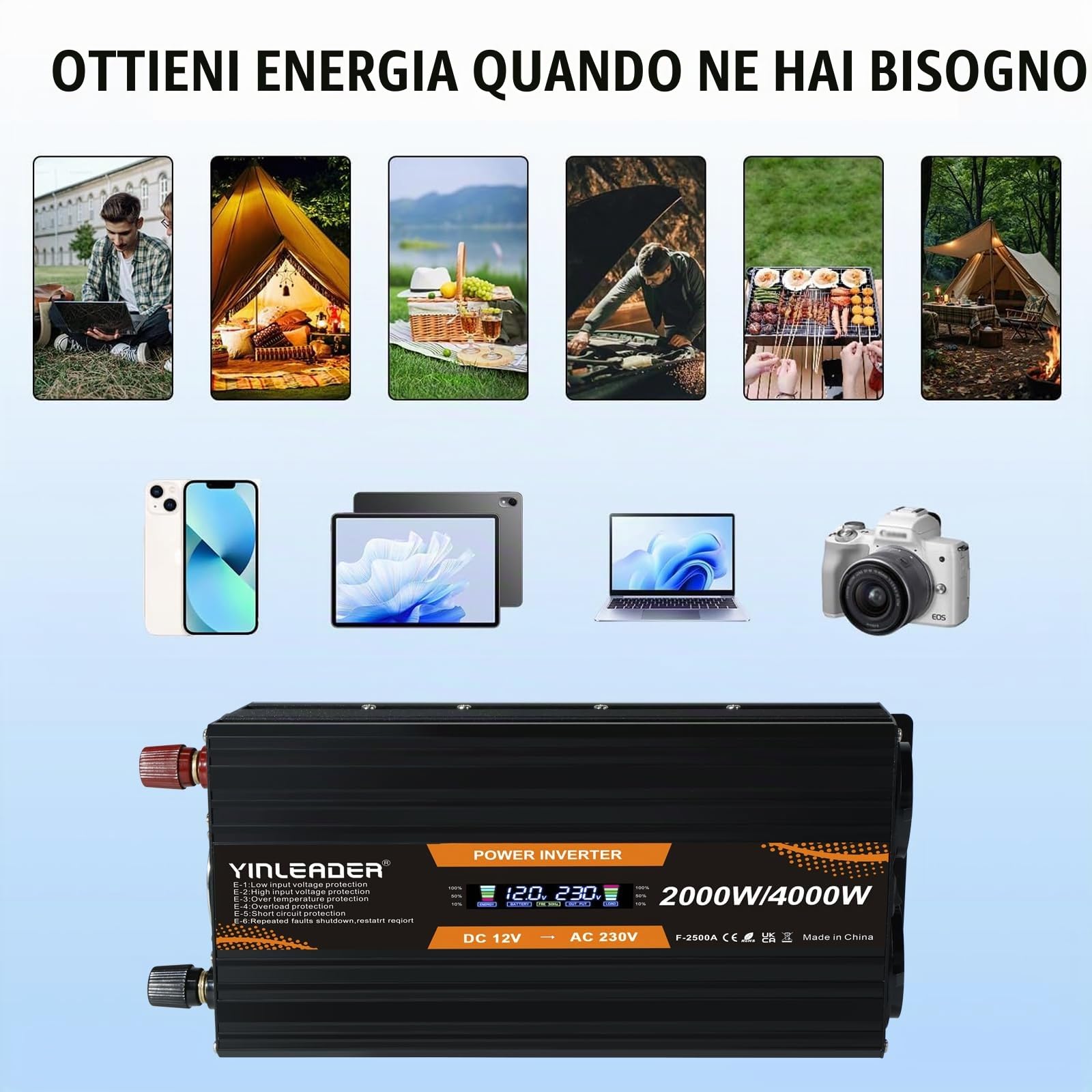 Yinleader Invertitore 12 V 230 V 2000 W con display LCD DC 12 V a 230 V AC potenza di picco inverter con 2 prese UE e porta USB per auto, campeggio, camion/4000 W